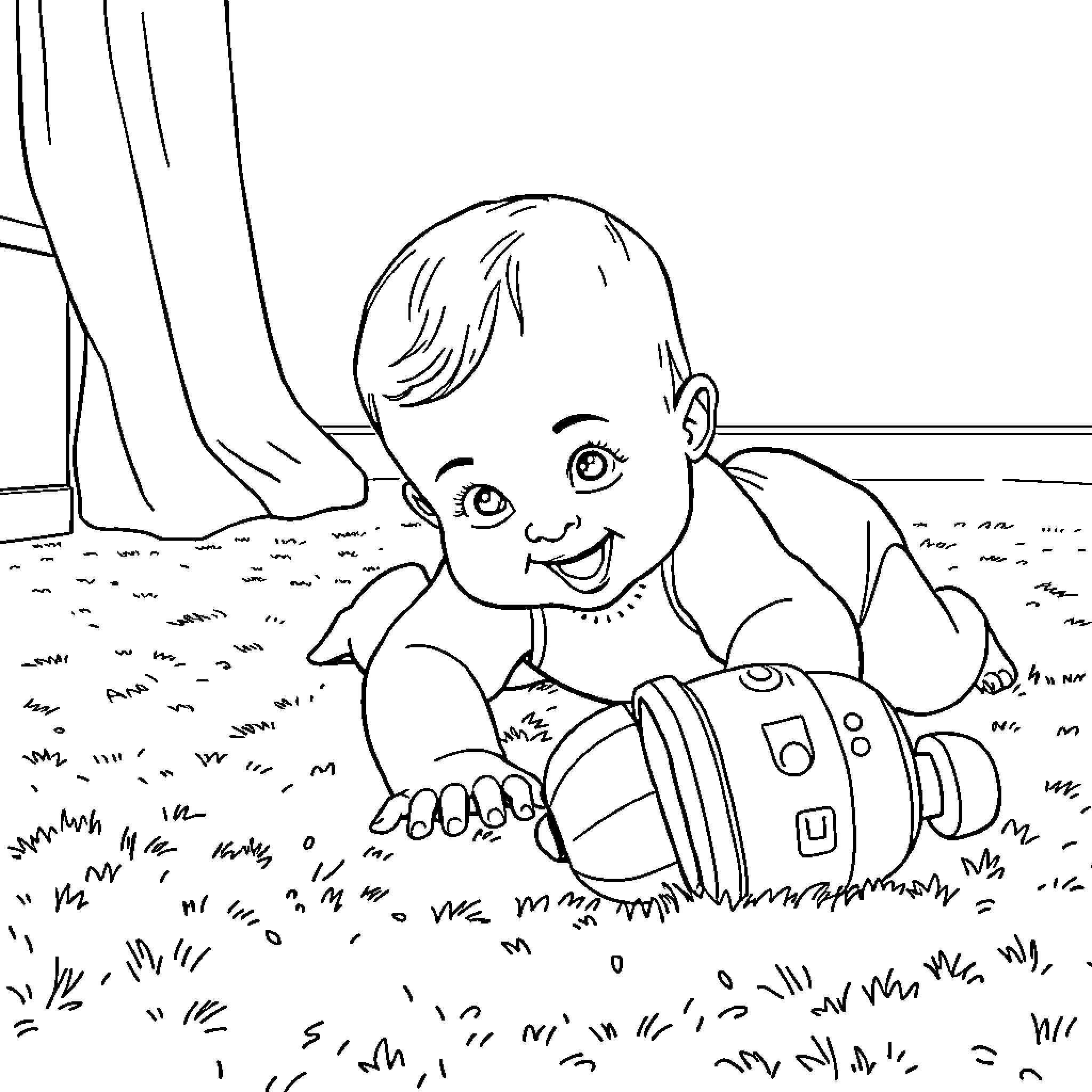 Baby playing happily on the grass Coloring Page (free black-and-white line drawing printable PDF for all, from beginners to advanced learners, including children, teens, adults, and seniors)