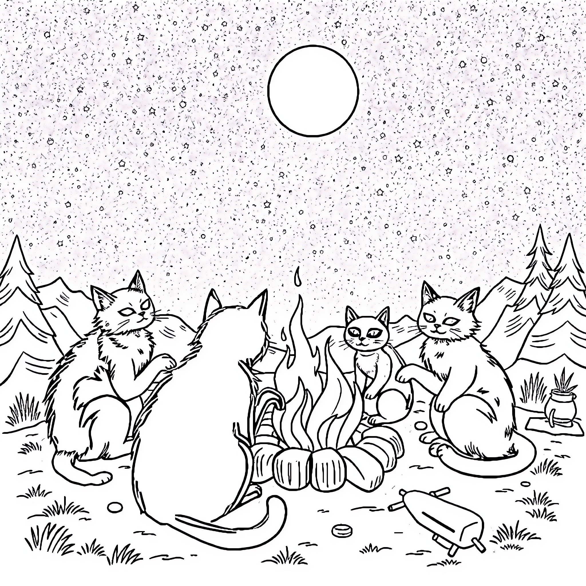 Cats Gathered Around Campfire in Snowy Forest Coloring Page (free black-and-white line drawing printable PDF for all, from beginners to advanced learners, including children, teens, adults, and seniors)