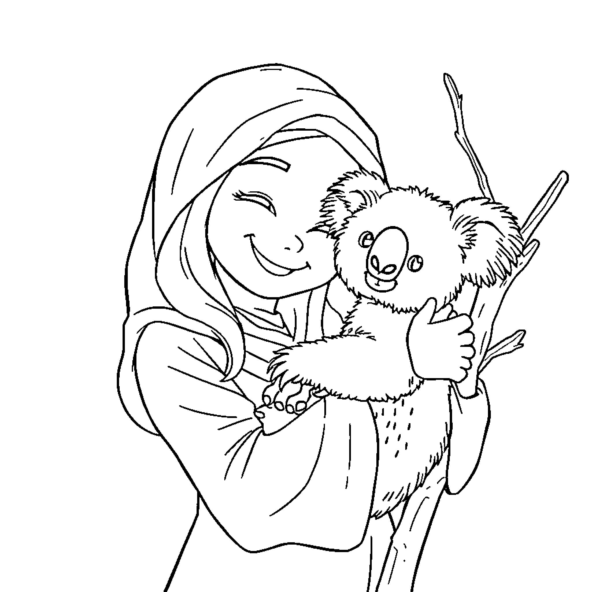 Rumi embracing a playful bird companion Coloring Page (free black-and-white line drawing printable PDF for all, from beginners to advanced learners, including children, teens, adults, and seniors)