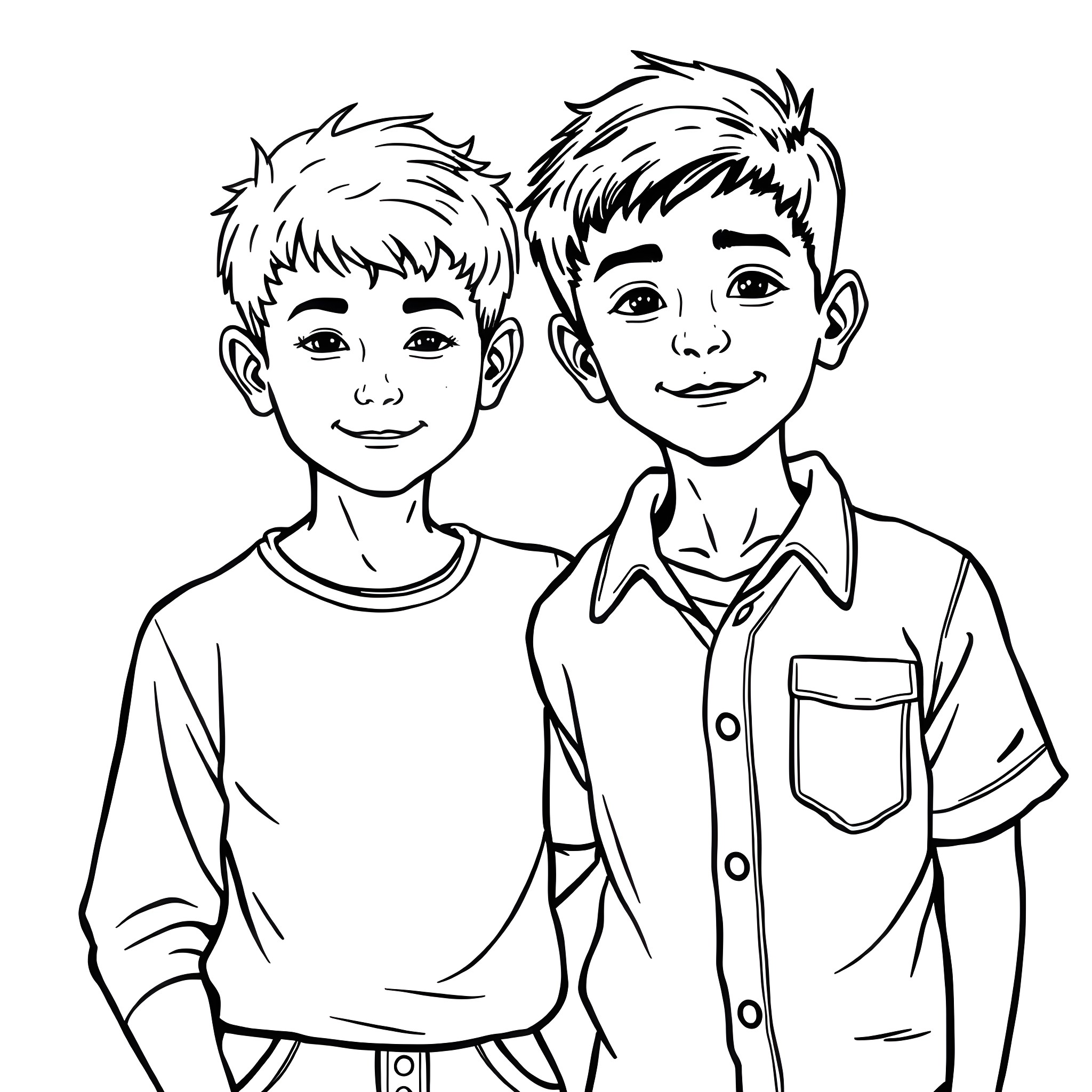 Boy Friends Smiling Happily Together Coloring Page (free black-and-white line drawing printable PDF for all, from beginners to advanced learners, including children, teens, adults, and seniors)