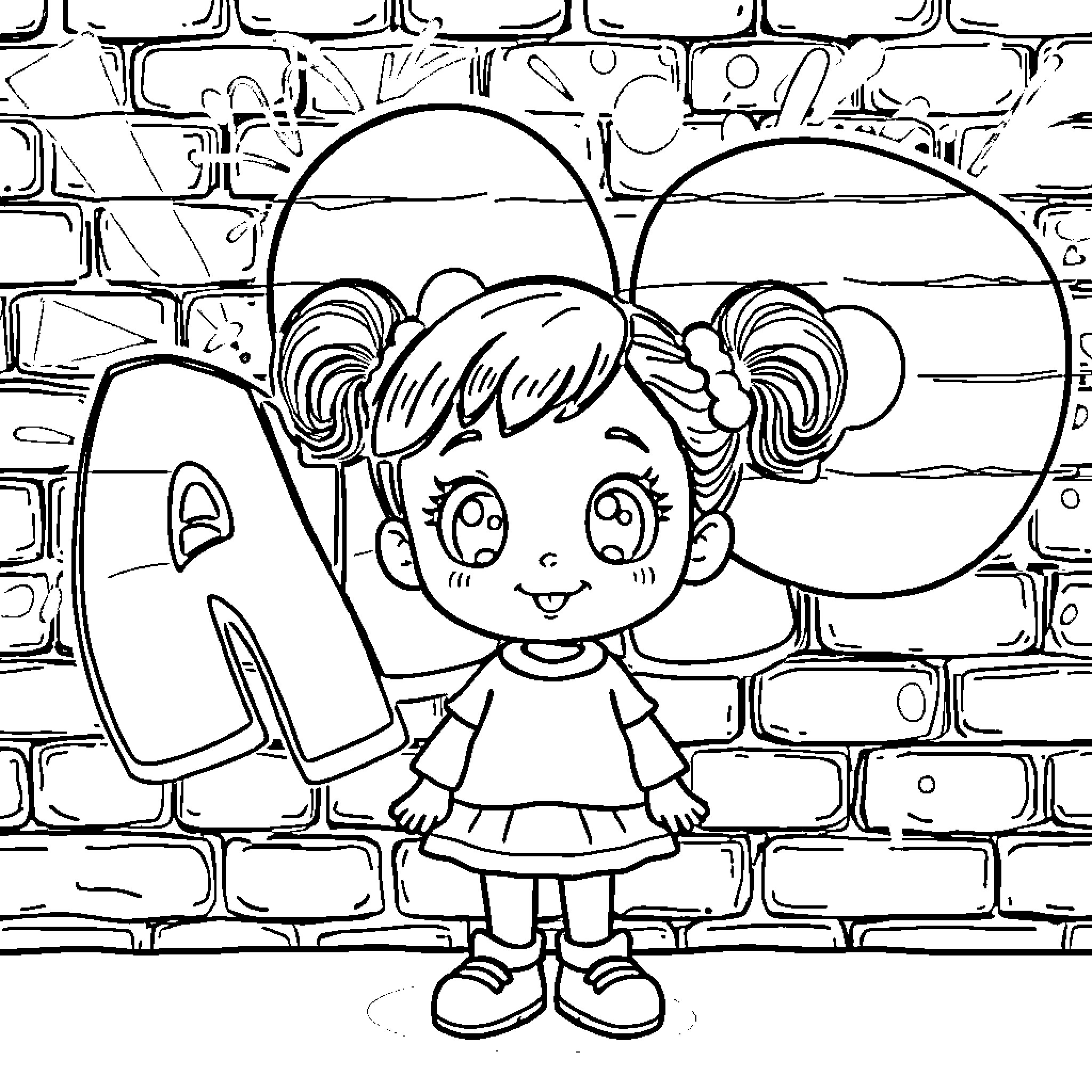 Girl with Pigtails in Front of Brick Wall Coloring Page (free black-and-white line drawing printable PDF for all, from beginners to advanced learners, including children, teens, adults, and seniors)