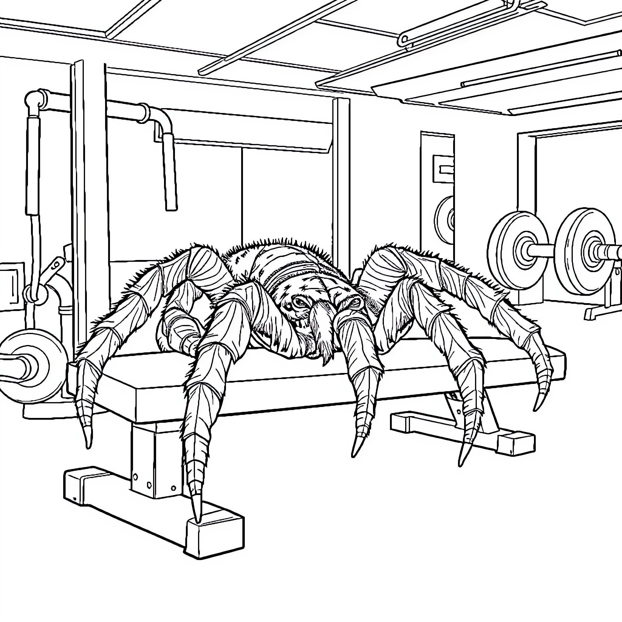 Tarantula Exercising in Gym Coloring Page (free black-and-white line drawing printable PDF for all, from beginners to advanced learners, including children, teens, adults, and seniors)