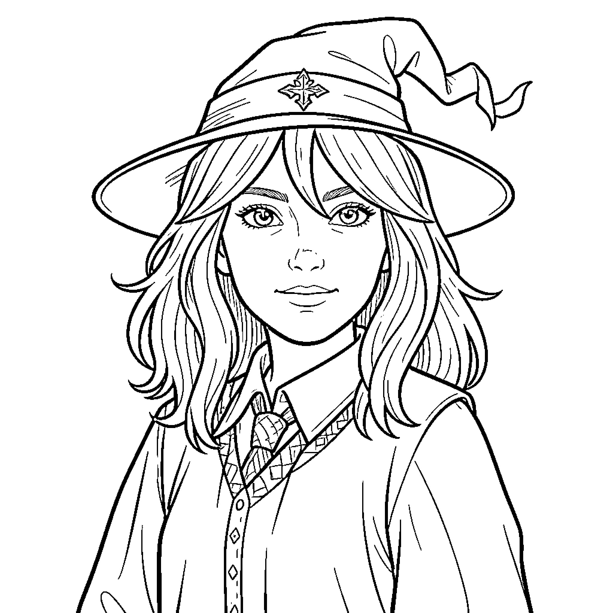 Ginny Weasley wearing a wizard hat and school uniform Coloring Page (free black-and-white line drawing printable PDF for all, from beginners to advanced learners, including children, teens, adults, and seniors)