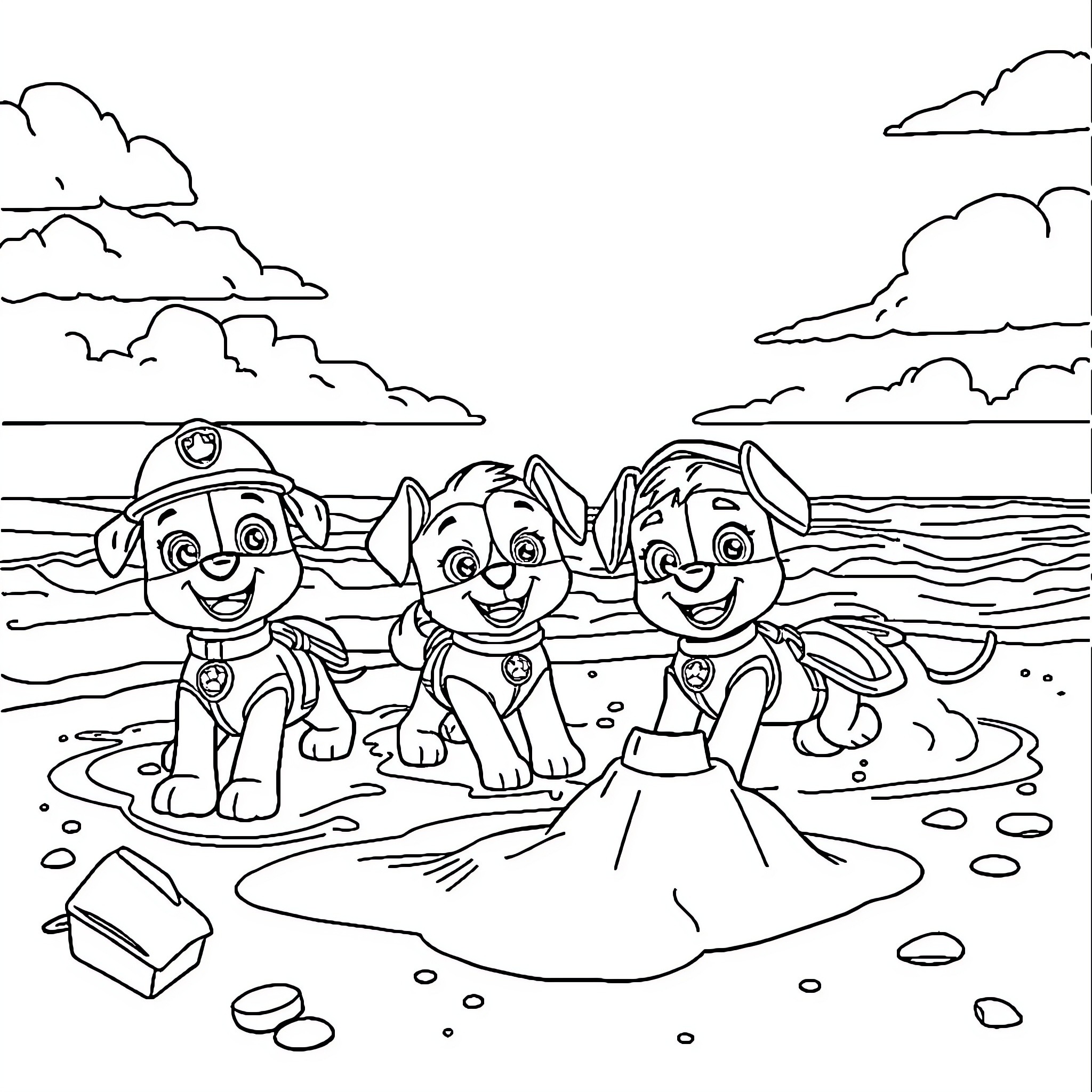 Paw Patrol Pups Enjoying Beach Adventure Coloring Page (free black-and-white line drawing printable PDF for all, from beginners to advanced learners, including children, teens, adults, and seniors)