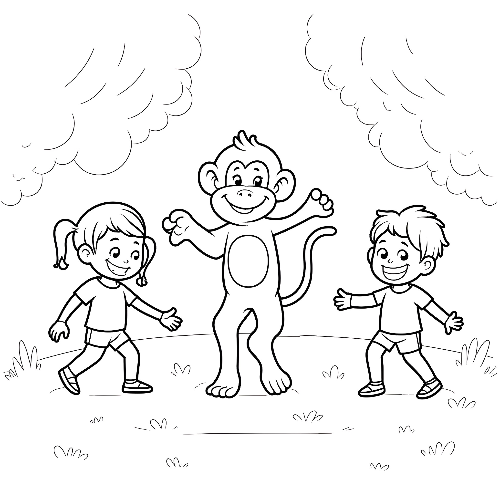 Monkey playing with two children in the park Coloring Page (free black-and-white line drawing printable PDF for all, from beginners to advanced learners, including children, teens, adults, and seniors)