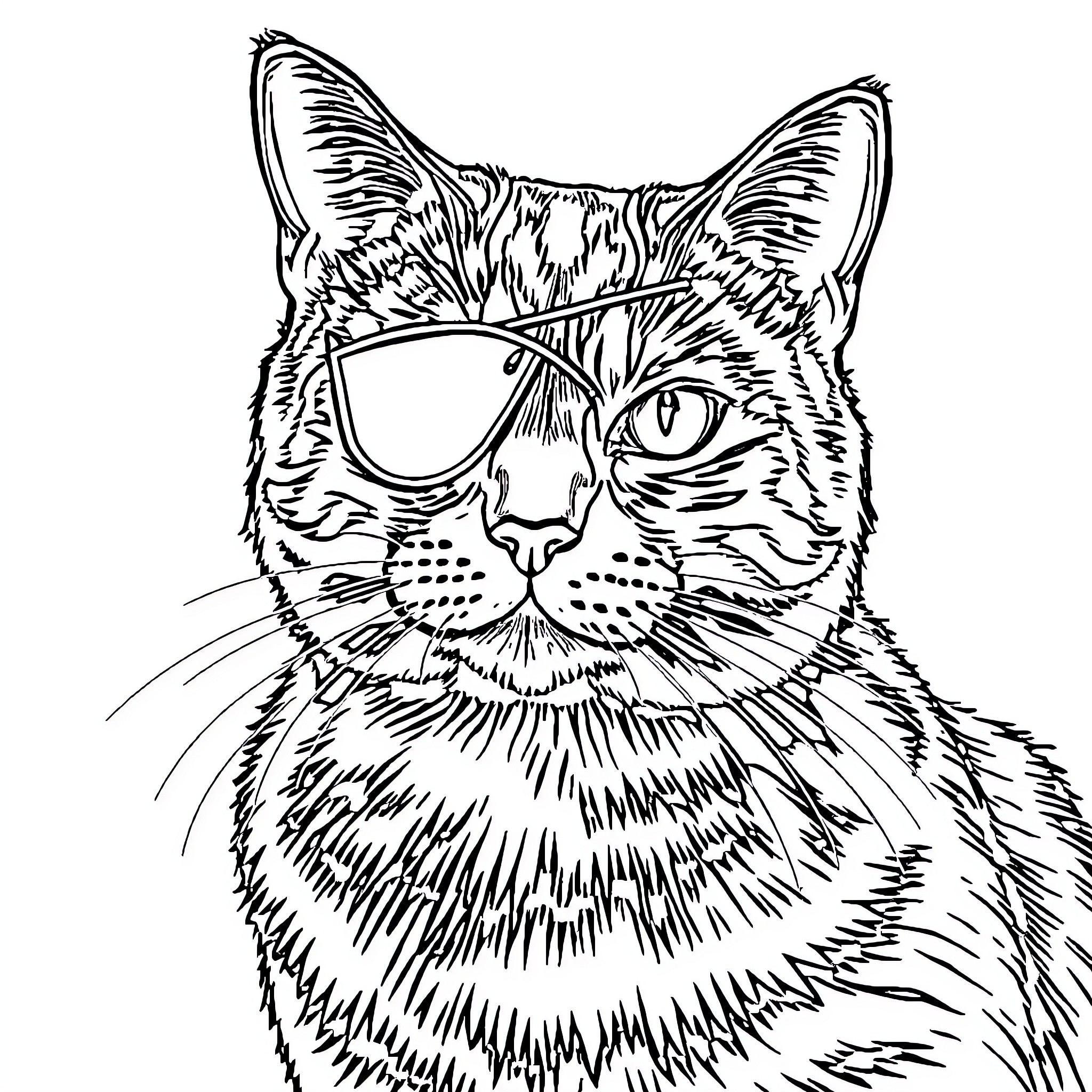 Cat with Stylish Sunglasses Coloring Page (free black-and-white line drawing printable PDF for all, from beginners to advanced learners, including children, teens, adults, and seniors)