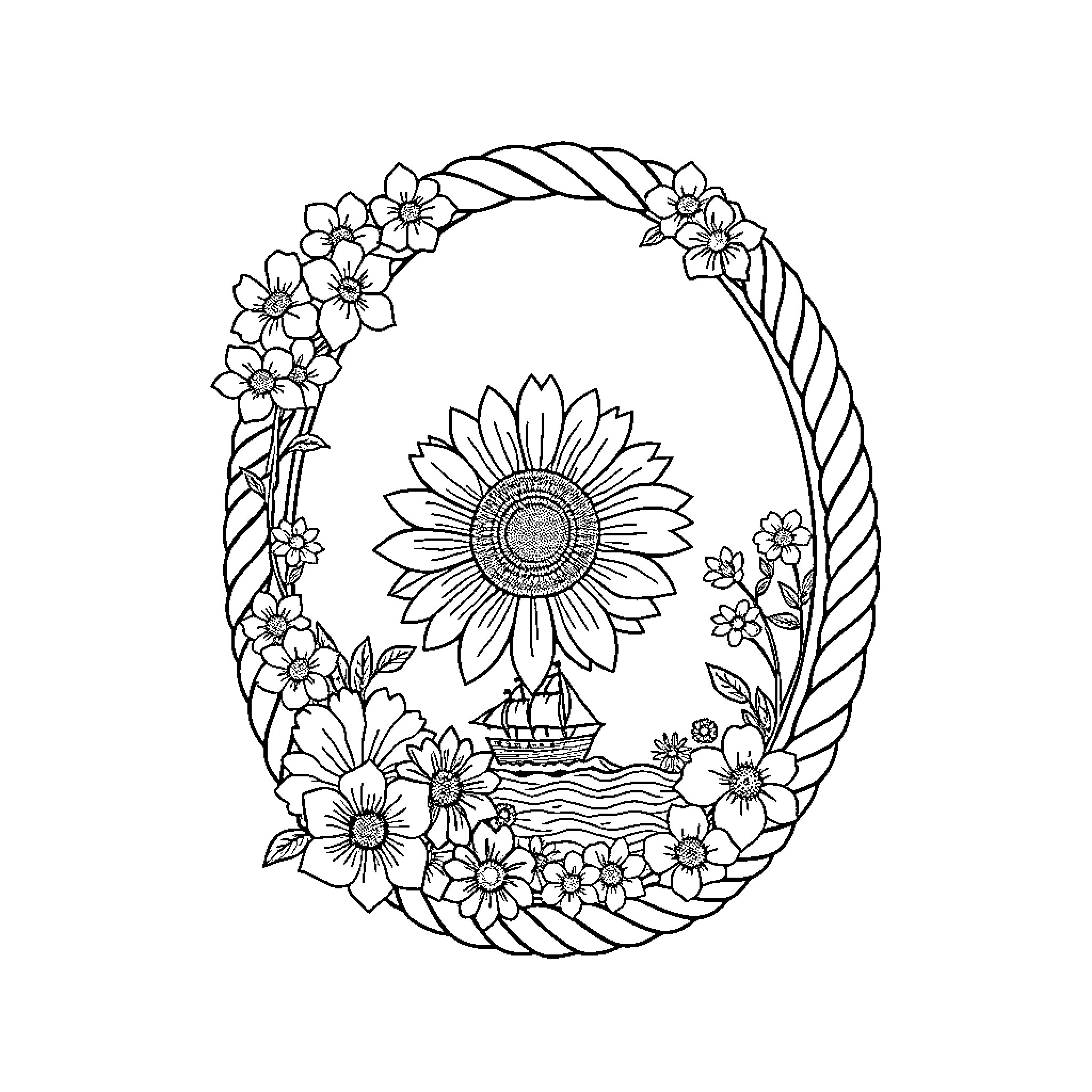 Mirror with Floral Wreath and Sunflowers Coloring Page (free black-and-white line drawing printable PDF for all, from beginners to advanced learners, including children, teens, adults, and seniors)