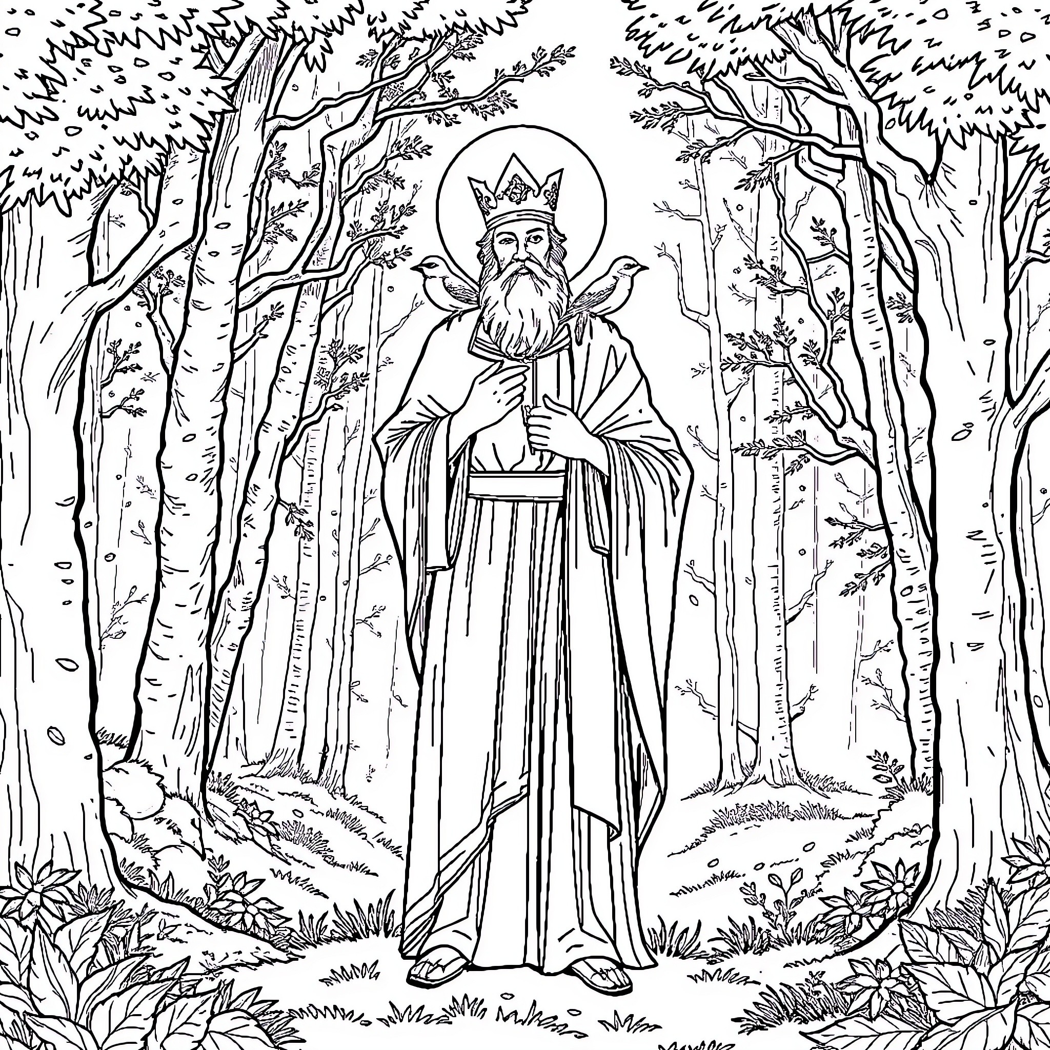 Saint Francis Surrounded by Nature and Wildlife Coloring Page (free black-and-white line drawing printable PDF for all, from beginners to advanced learners, including children, teens, adults, and seniors)