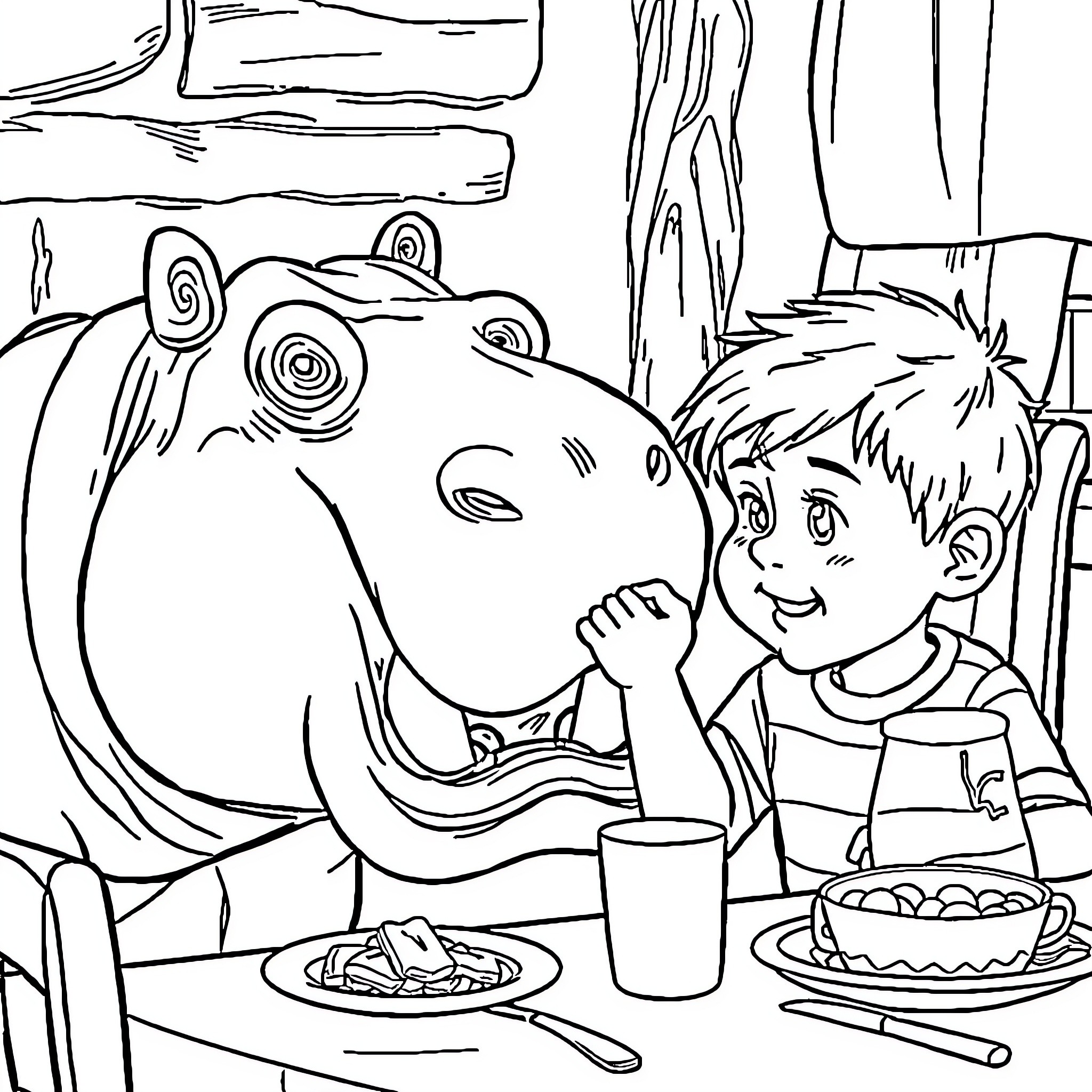 Boy enjoys breakfast with friendly hippo Coloring Page (free black-and-white line drawing printable PDF for all, from beginners to advanced learners, including children, teens, adults, and seniors)