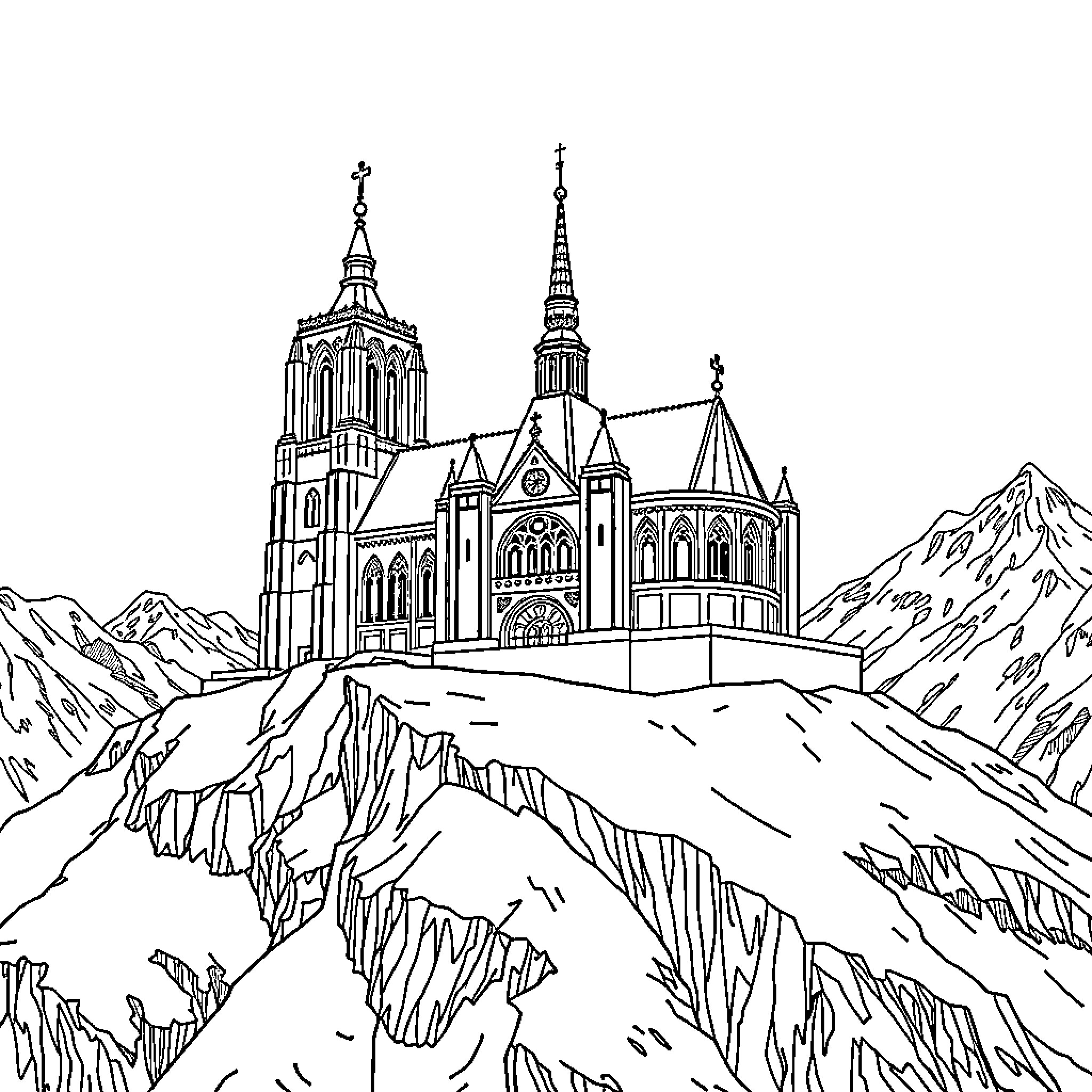 Notre-Dame Cathedral in a Mountainous Landscape Coloring Page (free black-and-white line drawing printable PDF for all, from beginners to advanced learners, including children, teens, adults, and seniors)