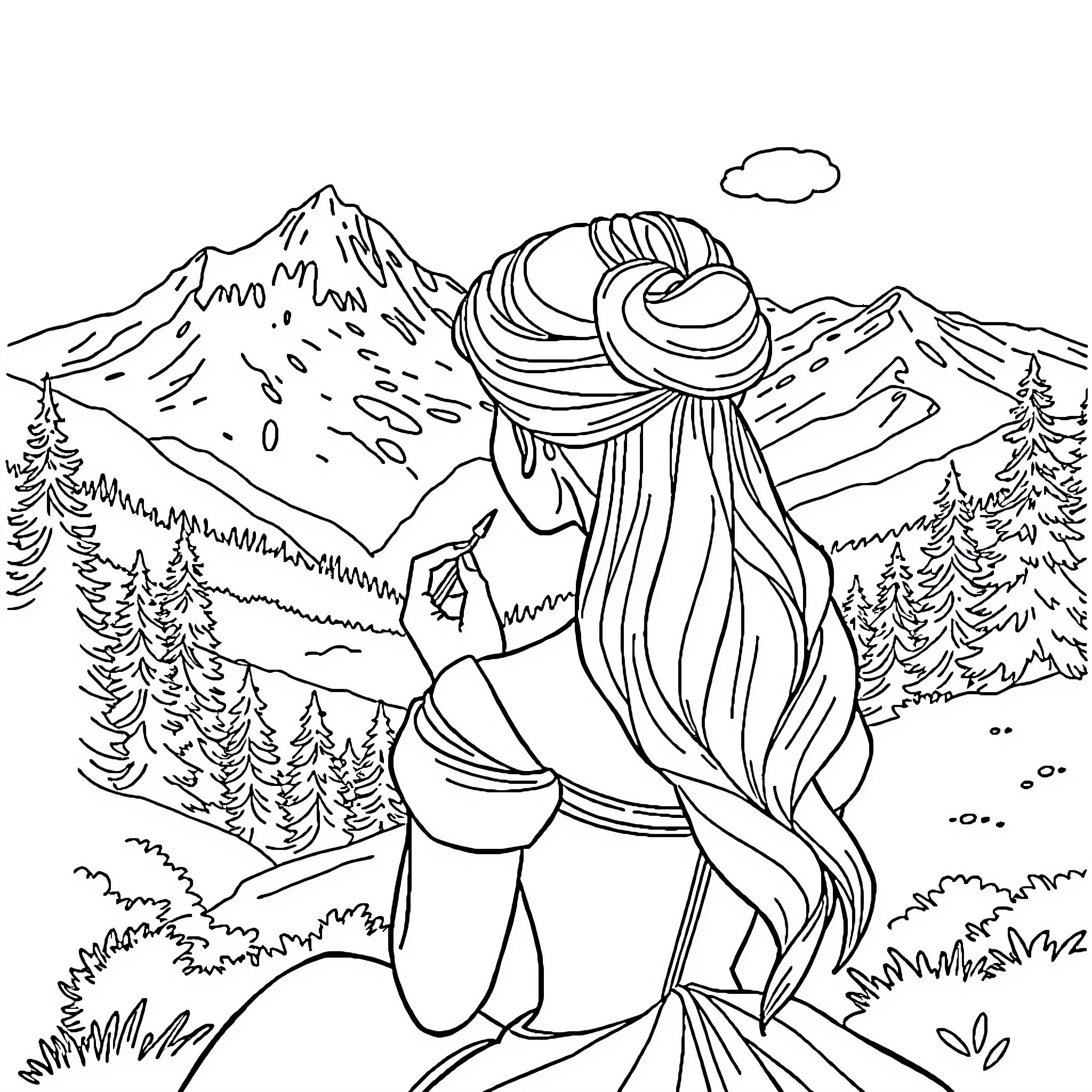 Princesse exploring the enchanting mountain landscape Coloring Page (free black-and-white line drawing printable PDF for all, from beginners to advanced learners, including children, teens, adults, and seniors)