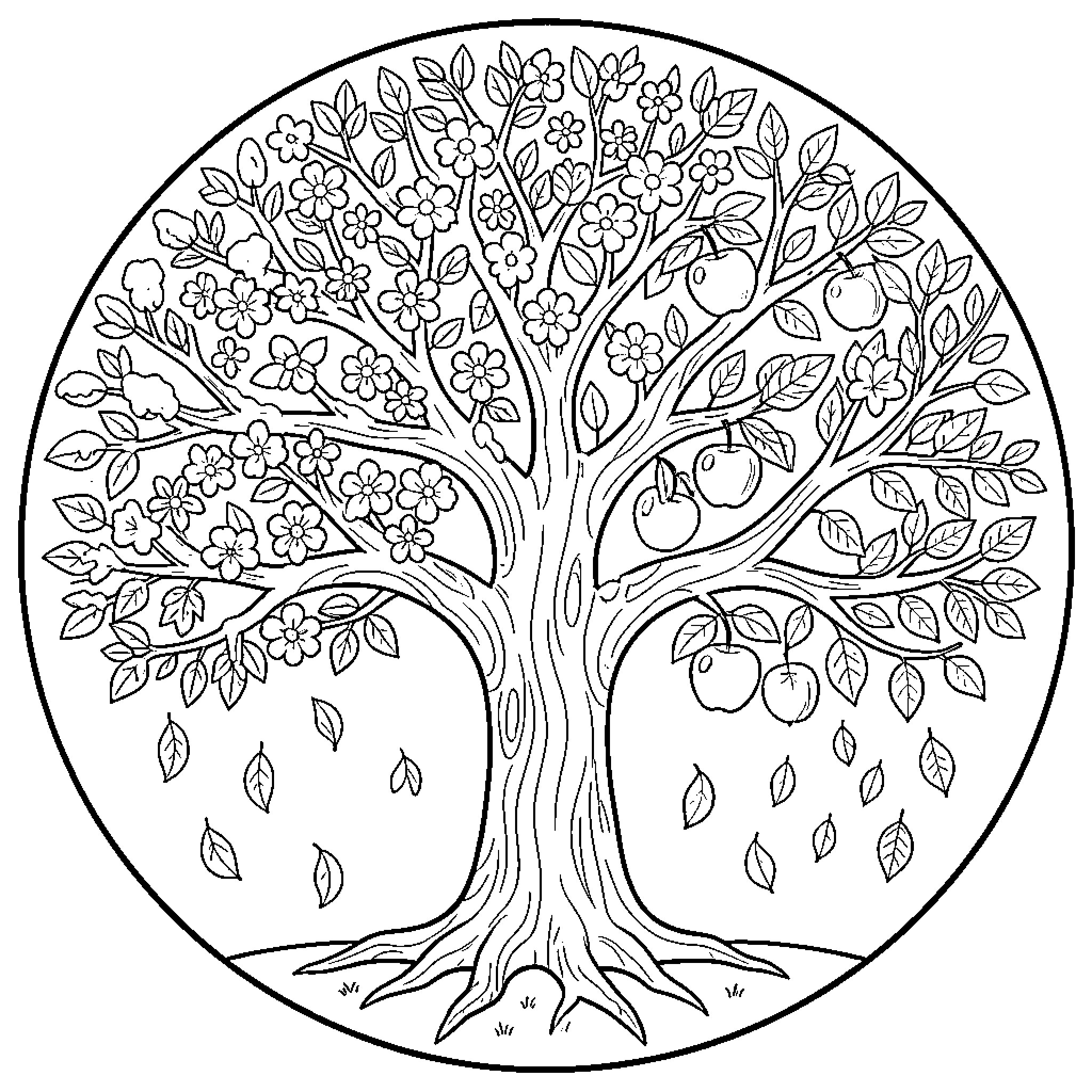 Tree with Blooming Flowers and Falling Leaves Coloring Page (free black-and-white line drawing printable PDF for all, from beginners to advanced learners, including children, teens, adults, and seniors)