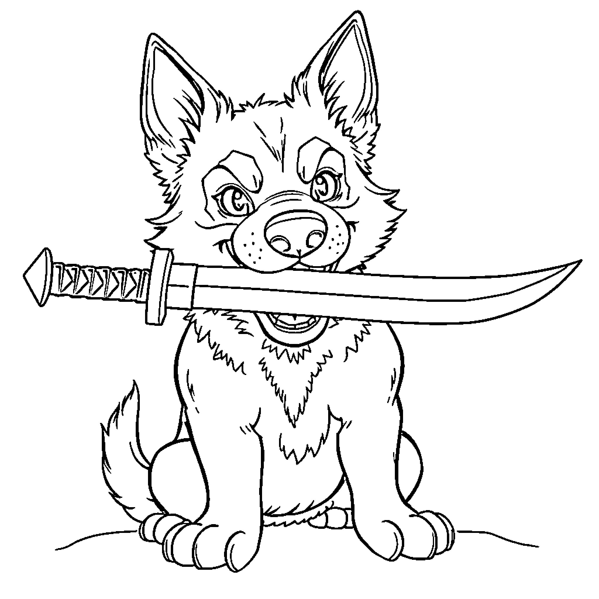 Dog with a sword Coloring Page (free black-and-white line drawing printable PDF for all, from beginners to advanced learners, including children, teens, adults, and seniors)