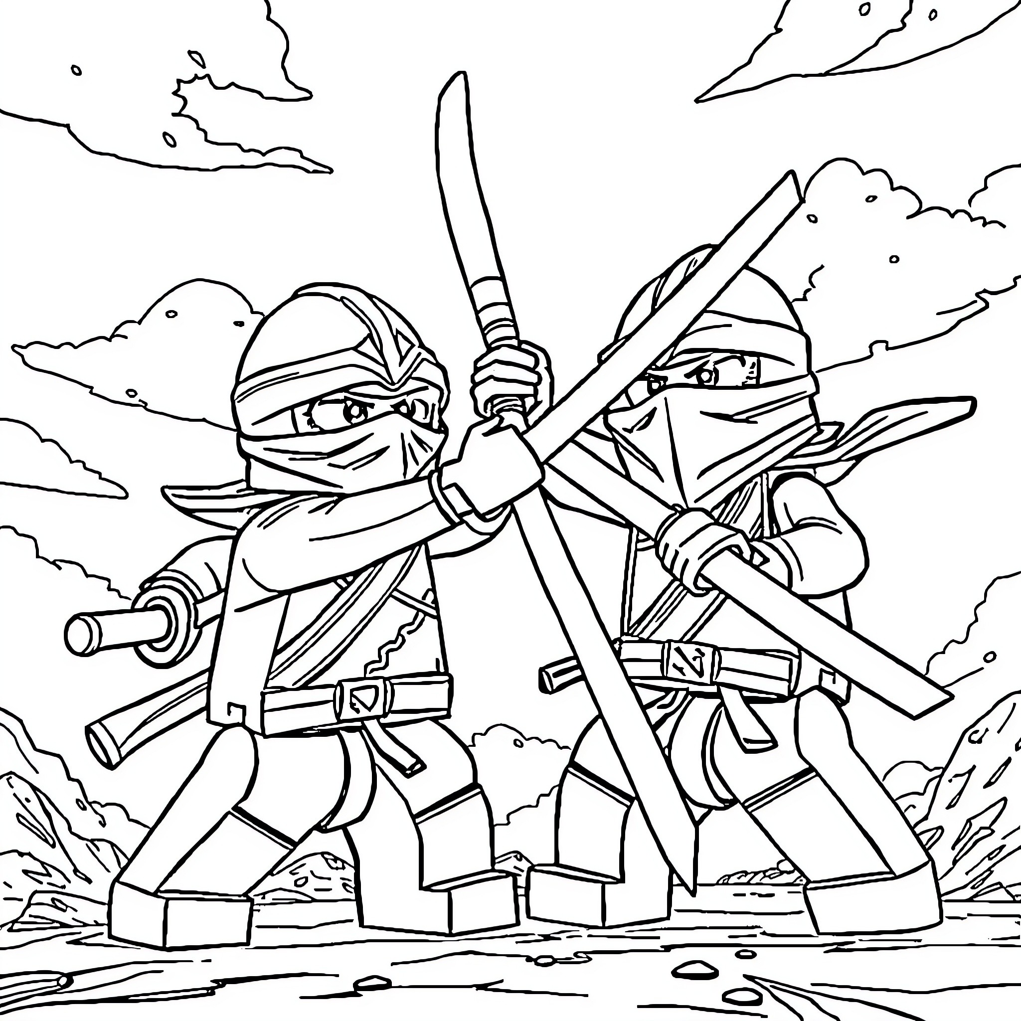Ninjago warriors in battle pose with weapons Coloring Page (free black-and-white line drawing printable PDF for all, from beginners to advanced learners, including children, teens, adults, and seniors)