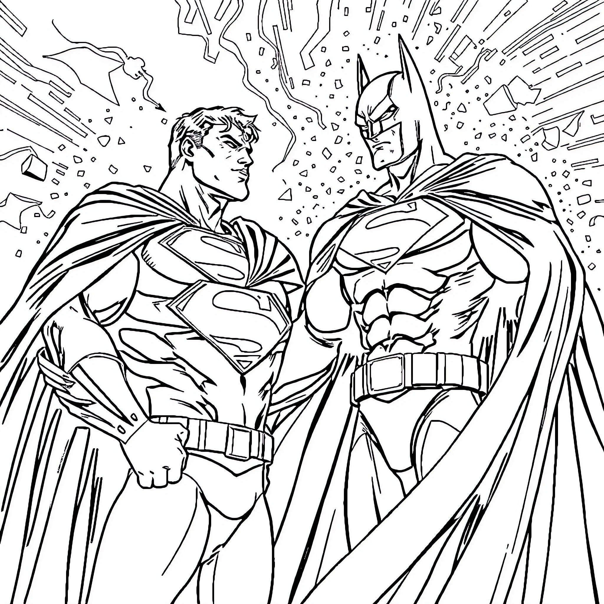 Superman and Batman in Epic Superhero Clash Coloring Page (free black-and-white line drawing printable PDF for all, from beginners to advanced learners, including children, teens, adults, and seniors)