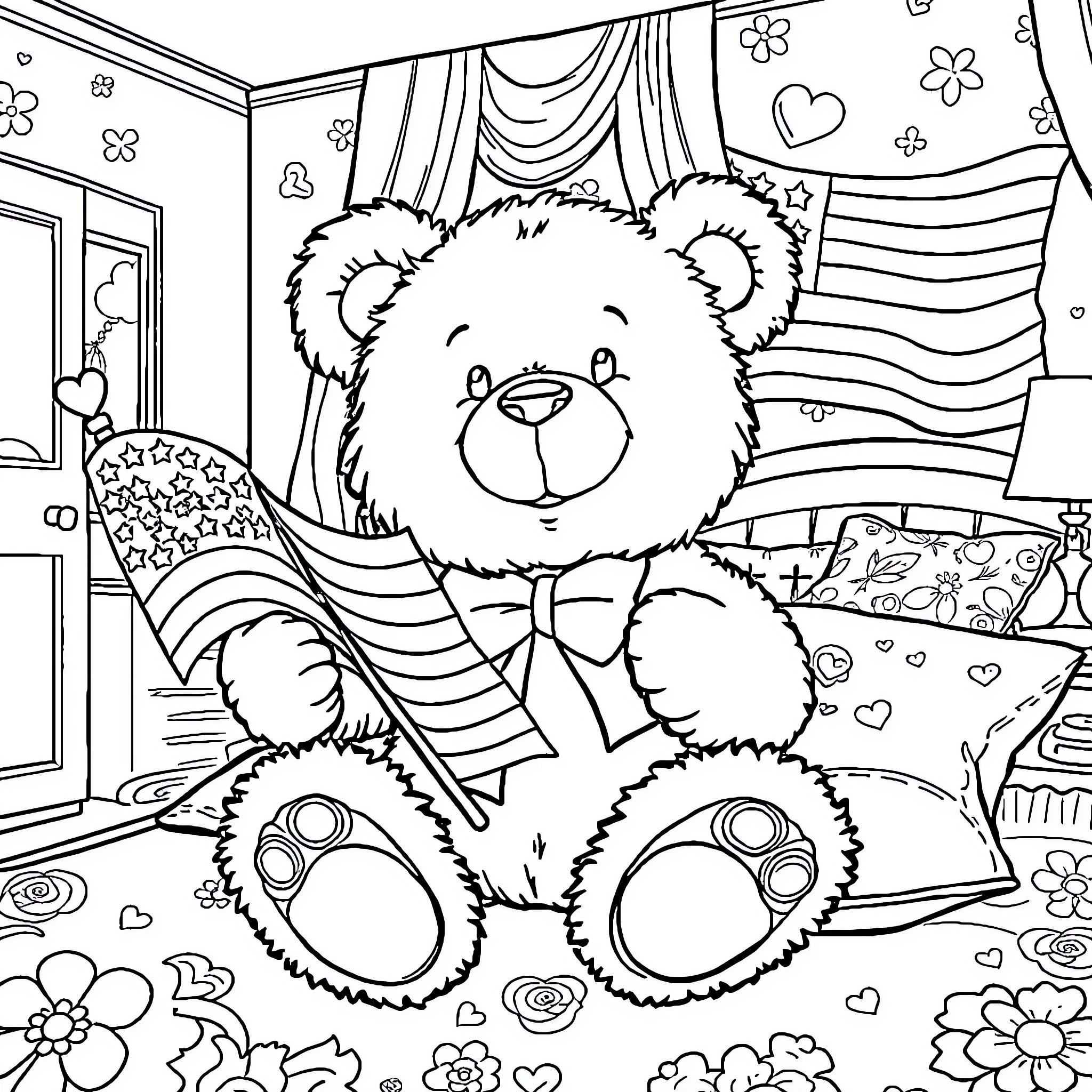 Teddy Bear enjoying a cozy room with floral decor Coloring Page (free black-and-white line drawing printable PDF for all, from beginners to advanced learners, including children, teens, adults, and seniors)