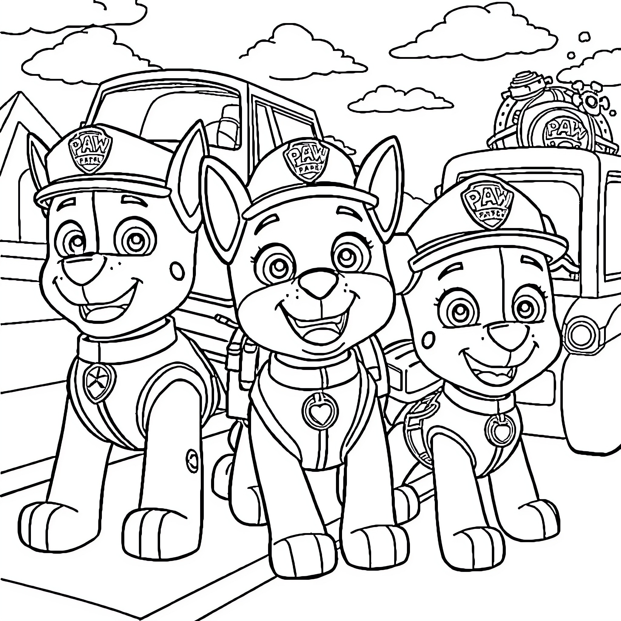 Paw Patrol pups on duty in the city Coloring Page (free black-and-white line drawing printable PDF for all, from beginners to advanced learners, including children, teens, adults, and seniors)