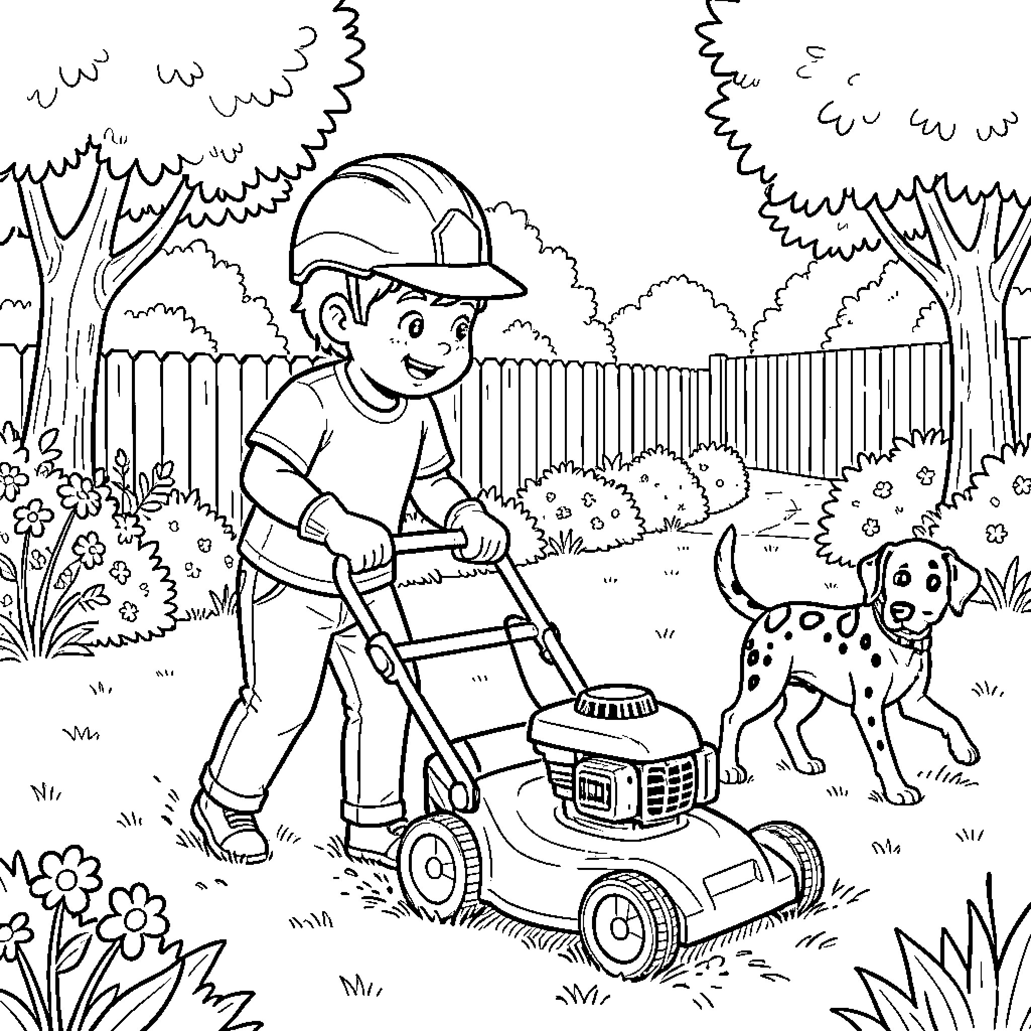 Niño mowing the lawn with his dog Coloring Page (free black-and-white line drawing printable PDF for all, from beginners to advanced learners, including children, teens, adults, and seniors)