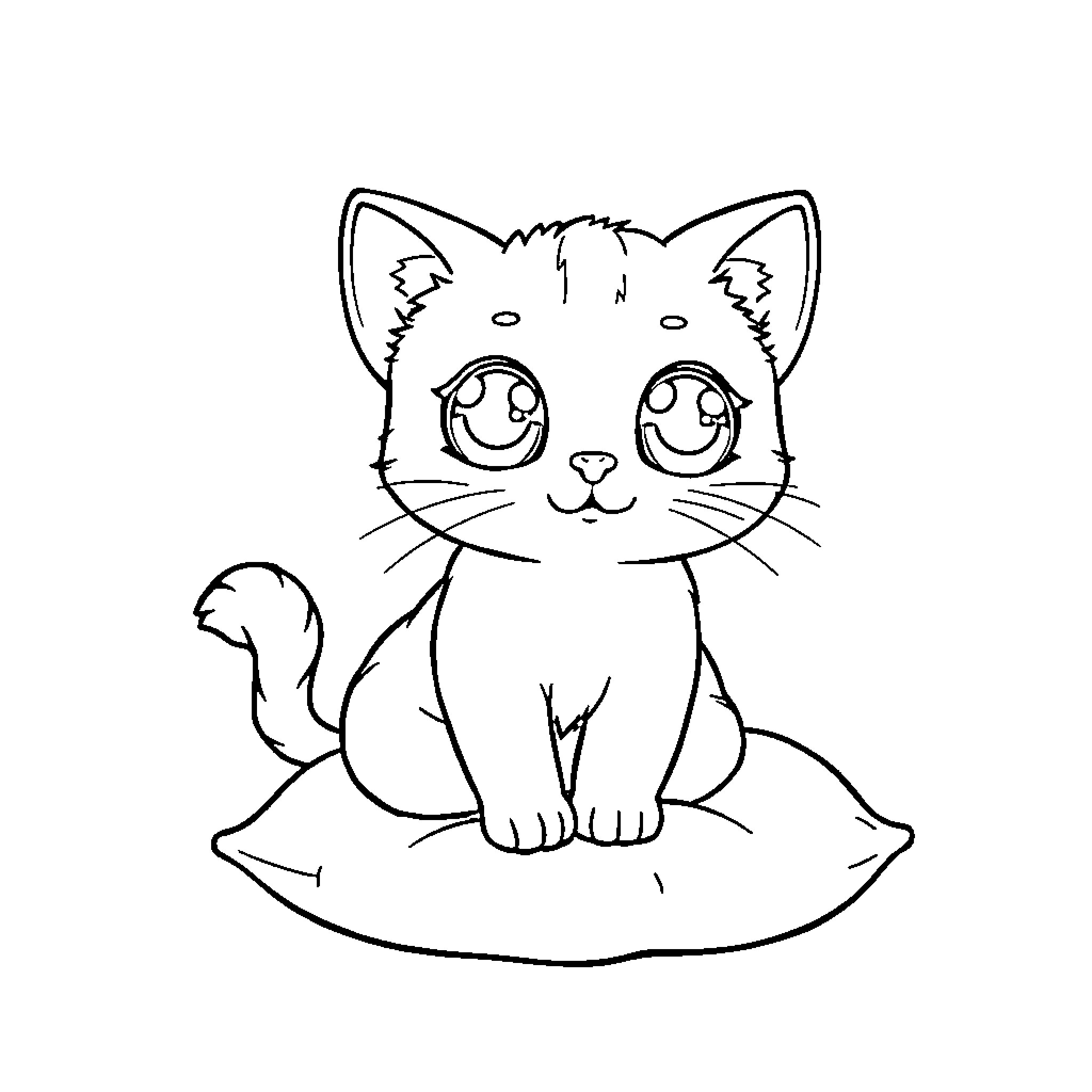 Cat sitting happily on a cushion Coloring Page (free black-and-white line drawing printable PDF for all, from beginners to advanced learners, including children, teens, adults, and seniors)