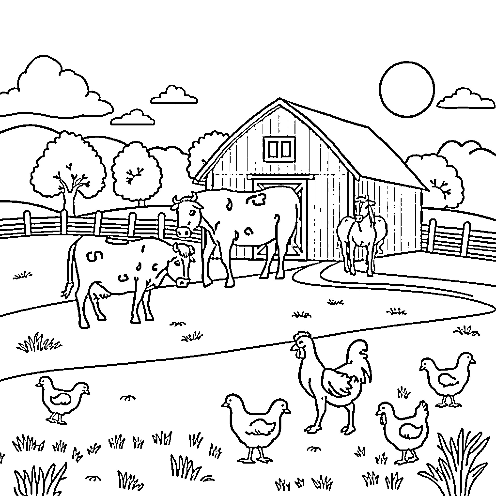 Farm animals and rustic barn in countryside scene Coloring Page (free black-and-white line drawing printable PDF for all, from beginners to advanced learners, including children, teens, adults, and seniors)