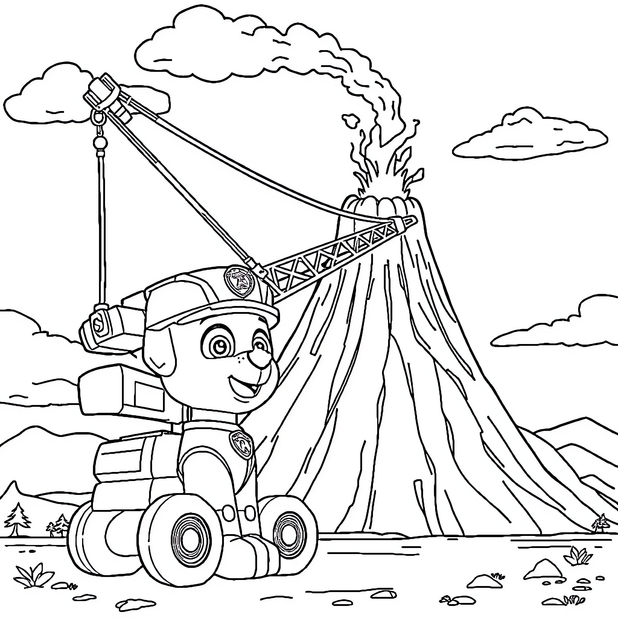 Crane operating near an active volcano Coloring Page (free black-and-white line drawing printable PDF for all, from beginners to advanced learners, including children, teens, adults, and seniors)