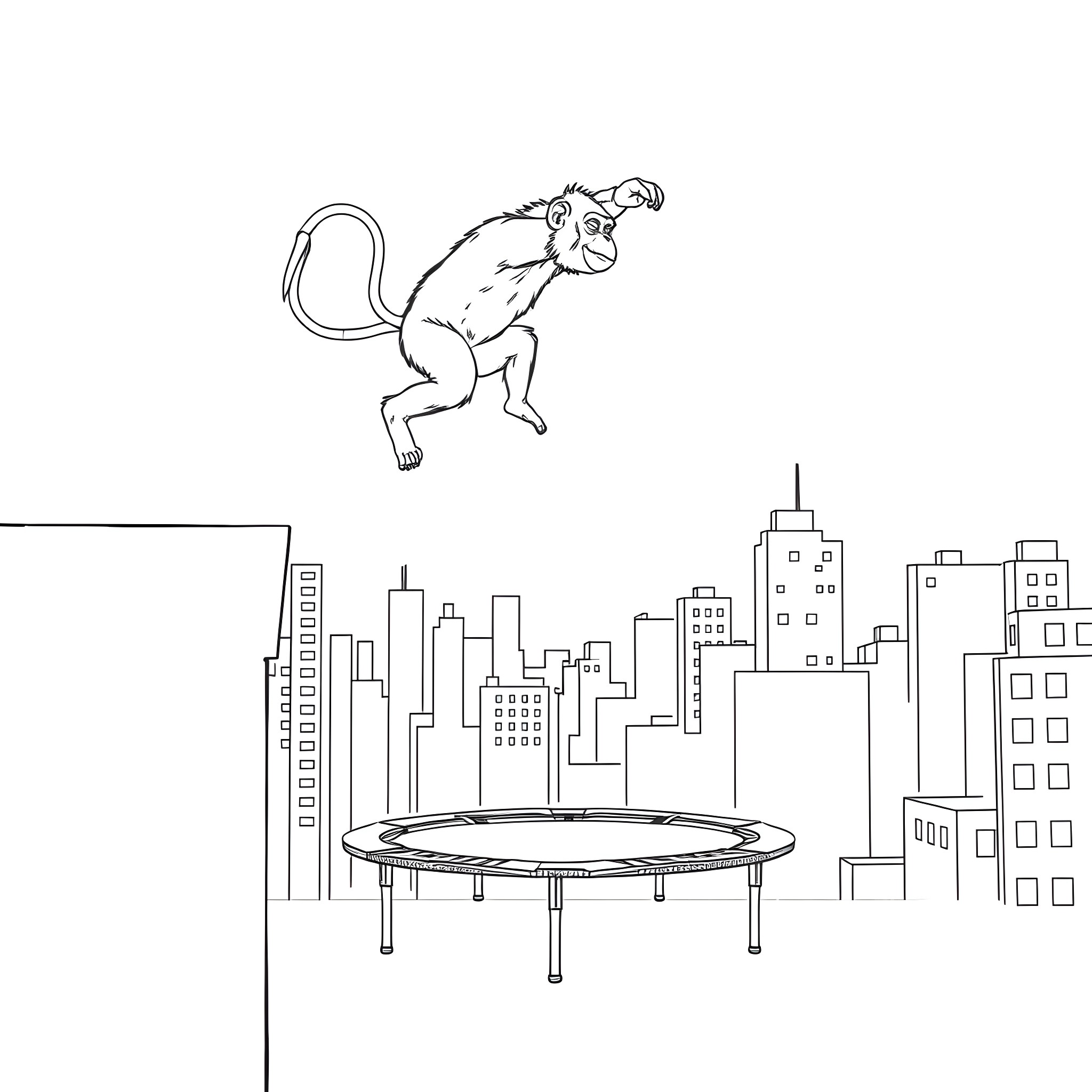 Ape bouncing on trampoline in the city Coloring Page (free black-and-white line drawing printable PDF for all, from beginners to advanced learners, including children, teens, adults, and seniors)