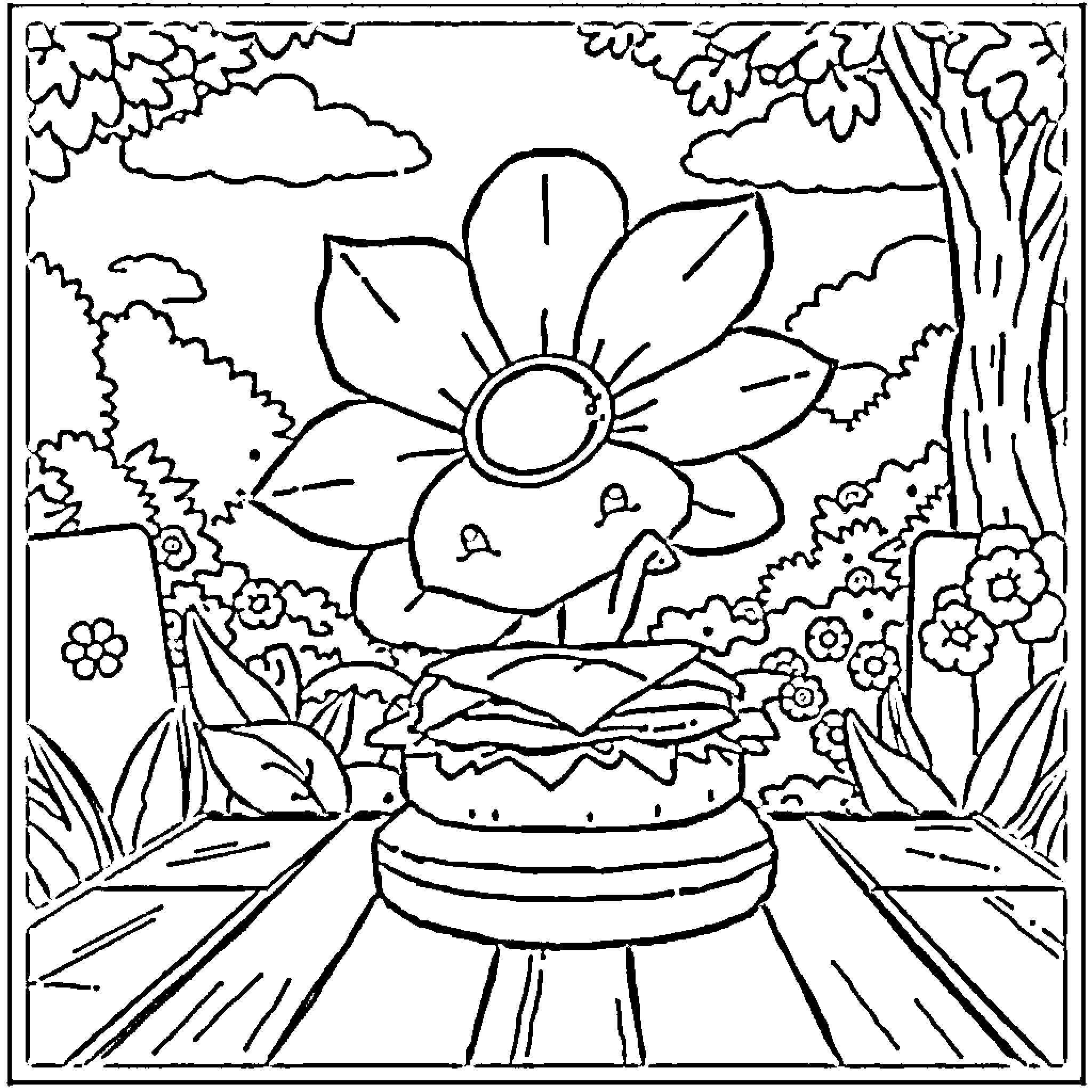 Flower garden scene with blooming flower Coloring Page (free black-and-white line drawing printable PDF for all, from beginners to advanced learners, including children, teens, adults, and seniors)