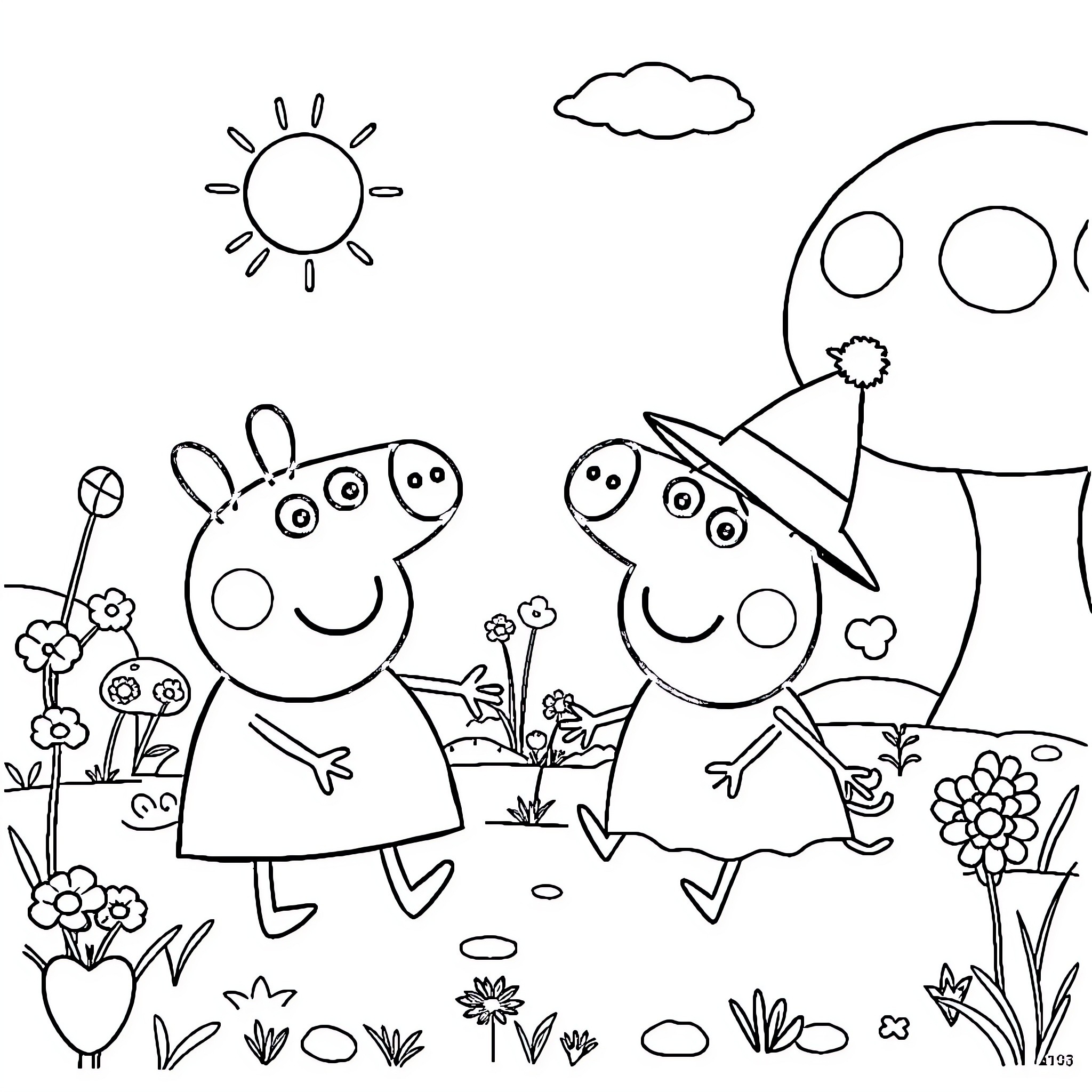 George and Peppa's Outdoor Adventure Coloring Page (free black-and-white line drawing printable PDF for all, from beginners to advanced learners, including children, teens, adults, and seniors)