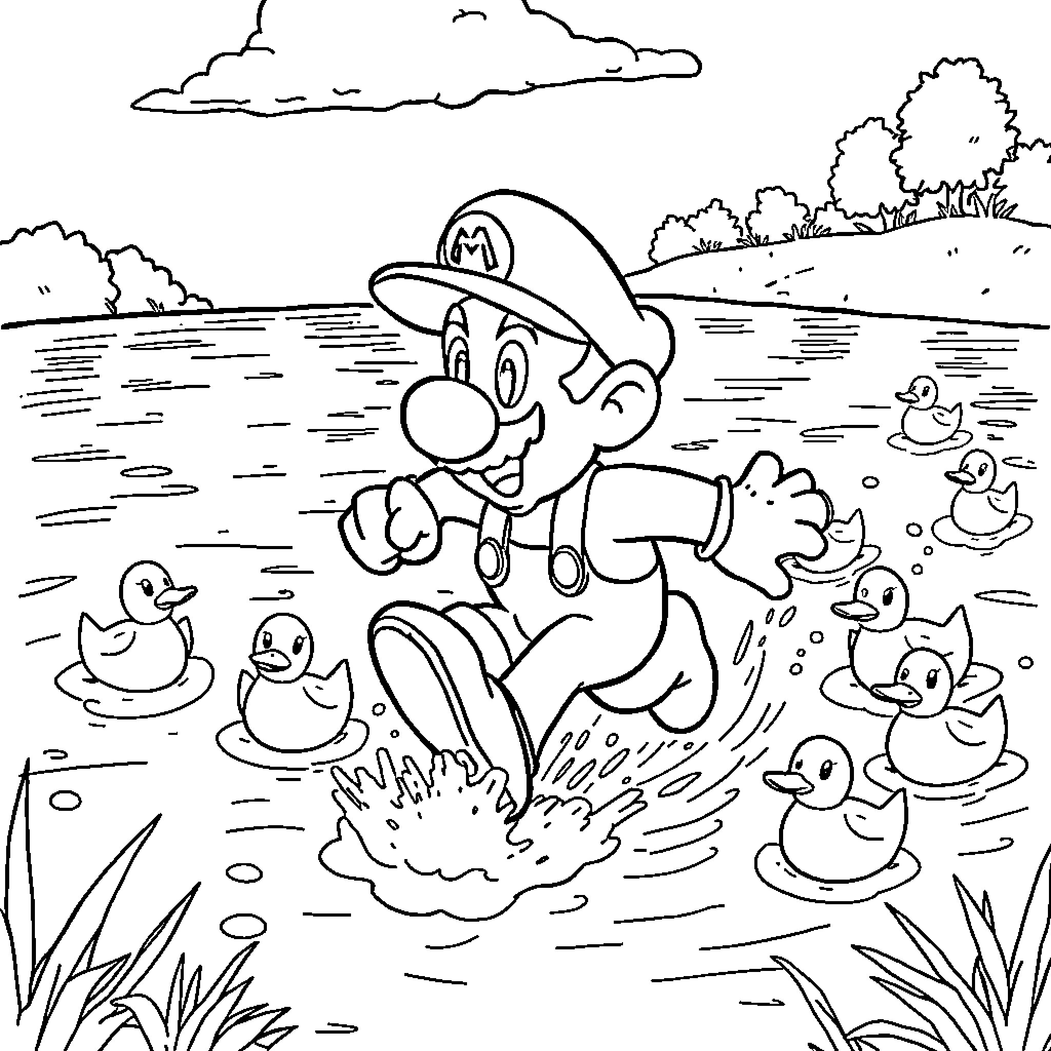 Mario splashing happily with ducks in the pond Coloring Page (free black-and-white line drawing printable PDF for all, from beginners to advanced learners, including children, teens, adults, and seniors)