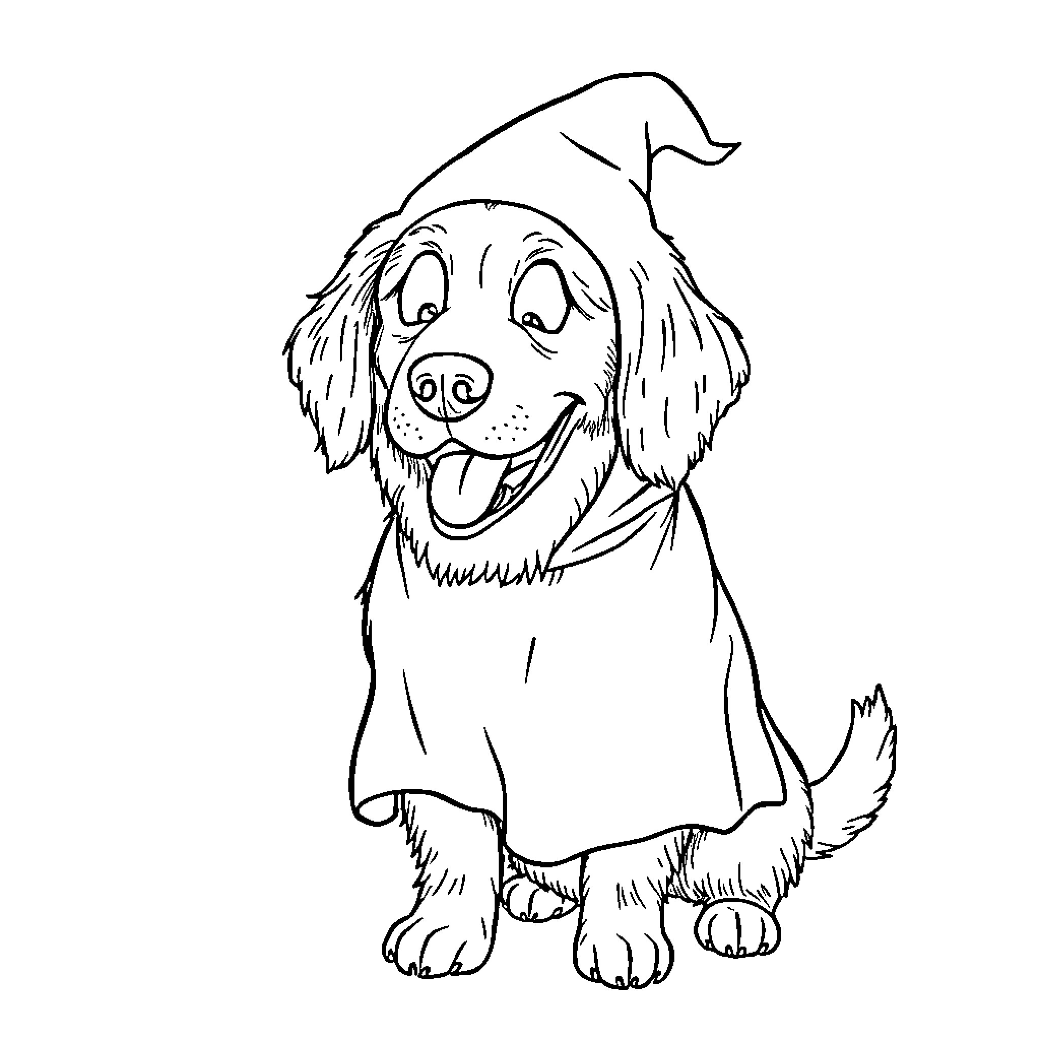 Golden Retriever sitting happily Coloring Page (free black-and-white line drawing printable PDF for all, from beginners to advanced learners, including children, teens, adults, and seniors)