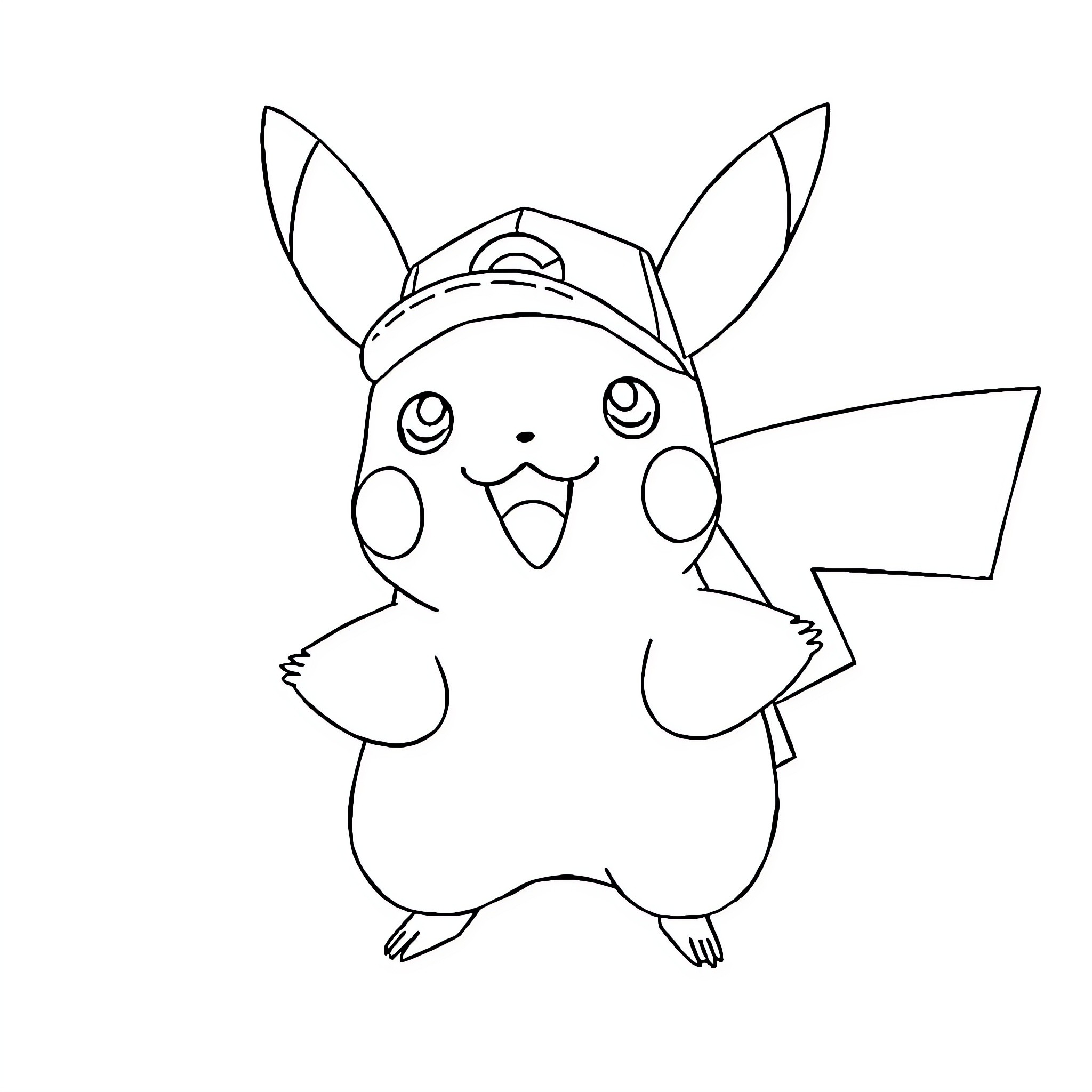 Pikachu wearing a cap and expressing joy Coloring Page (free black-and-white line drawing printable PDF for all, from beginners to advanced learners, including children, teens, adults, and seniors)