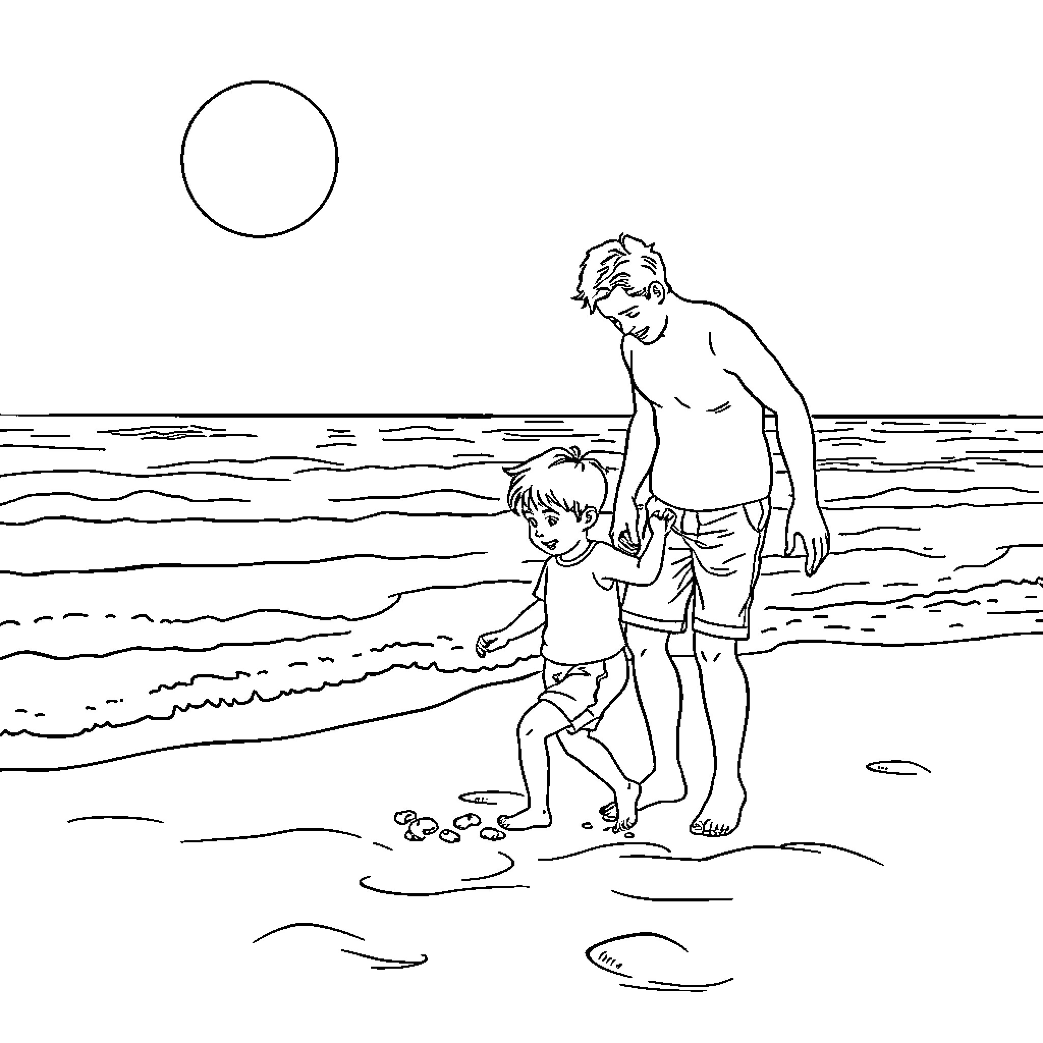 Family strolling along the beach together Coloring Page (free black-and-white line drawing printable PDF for all, from beginners to advanced learners, including children, teens, adults, and seniors)