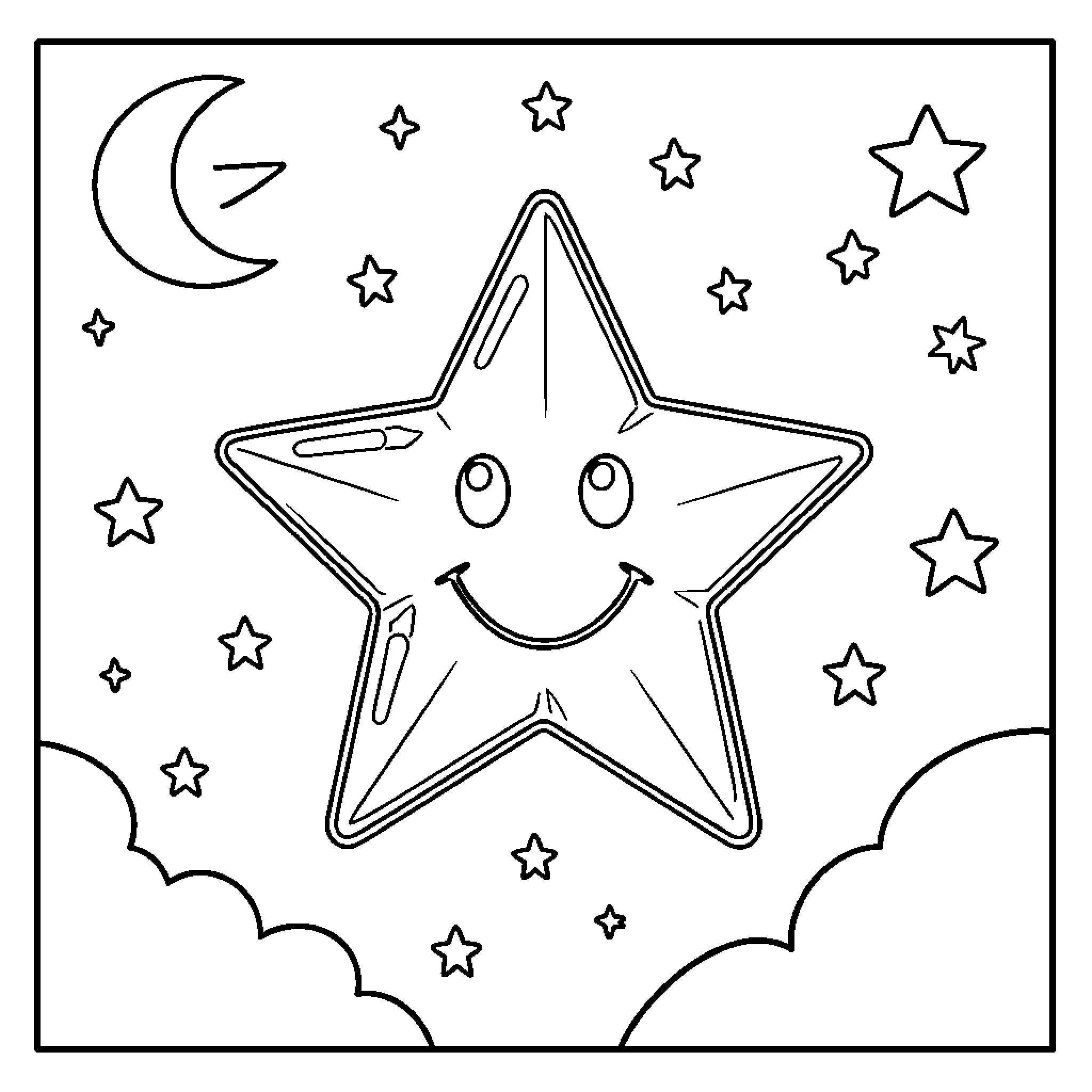 Star Shines Brightly in the Night Sky Coloring Page (free black-and-white line drawing printable PDF for all, from beginners to advanced learners, including children, teens, adults, and seniors)