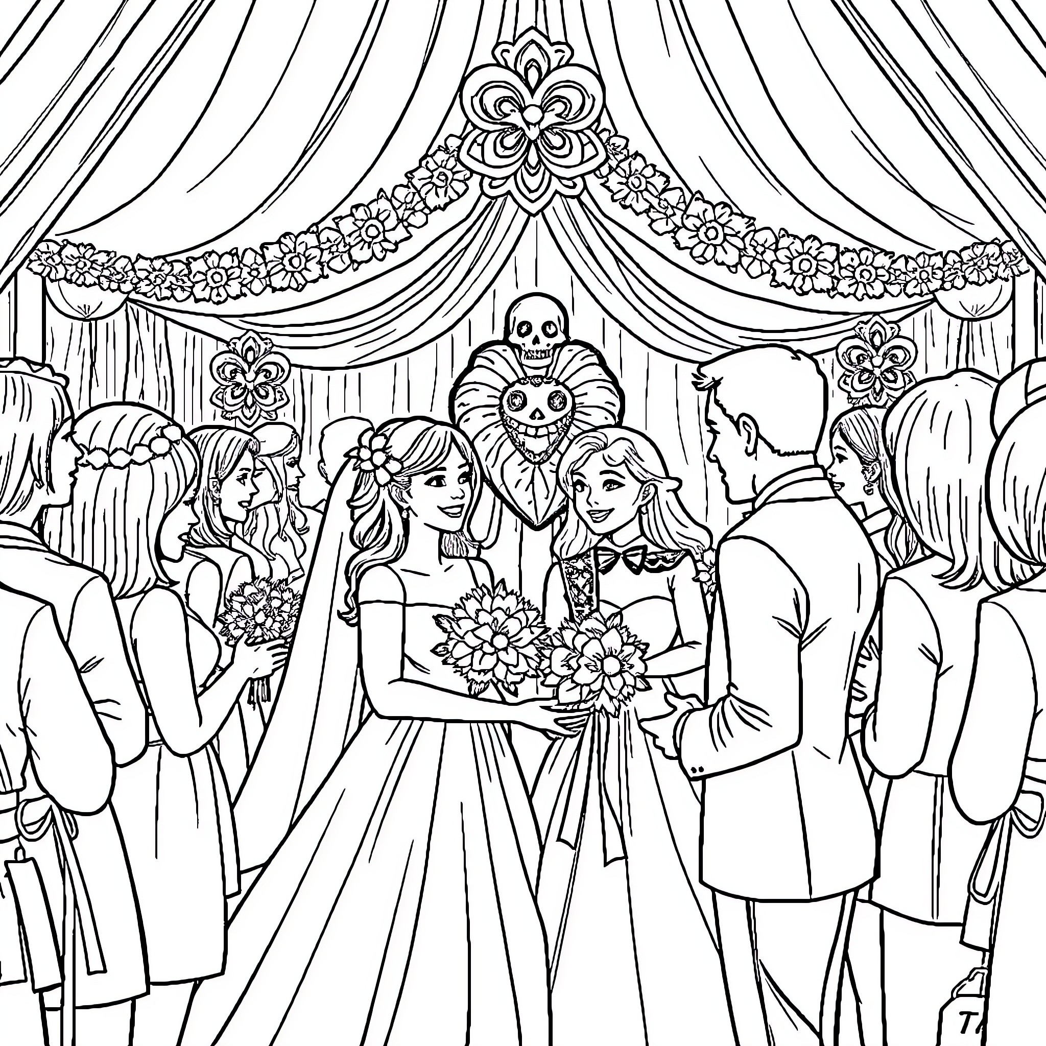 Zelda's Enchanting Wedding Celebration Coloring Page (free black-and-white line drawing printable PDF for all, from beginners to advanced learners, including children, teens, adults, and seniors)