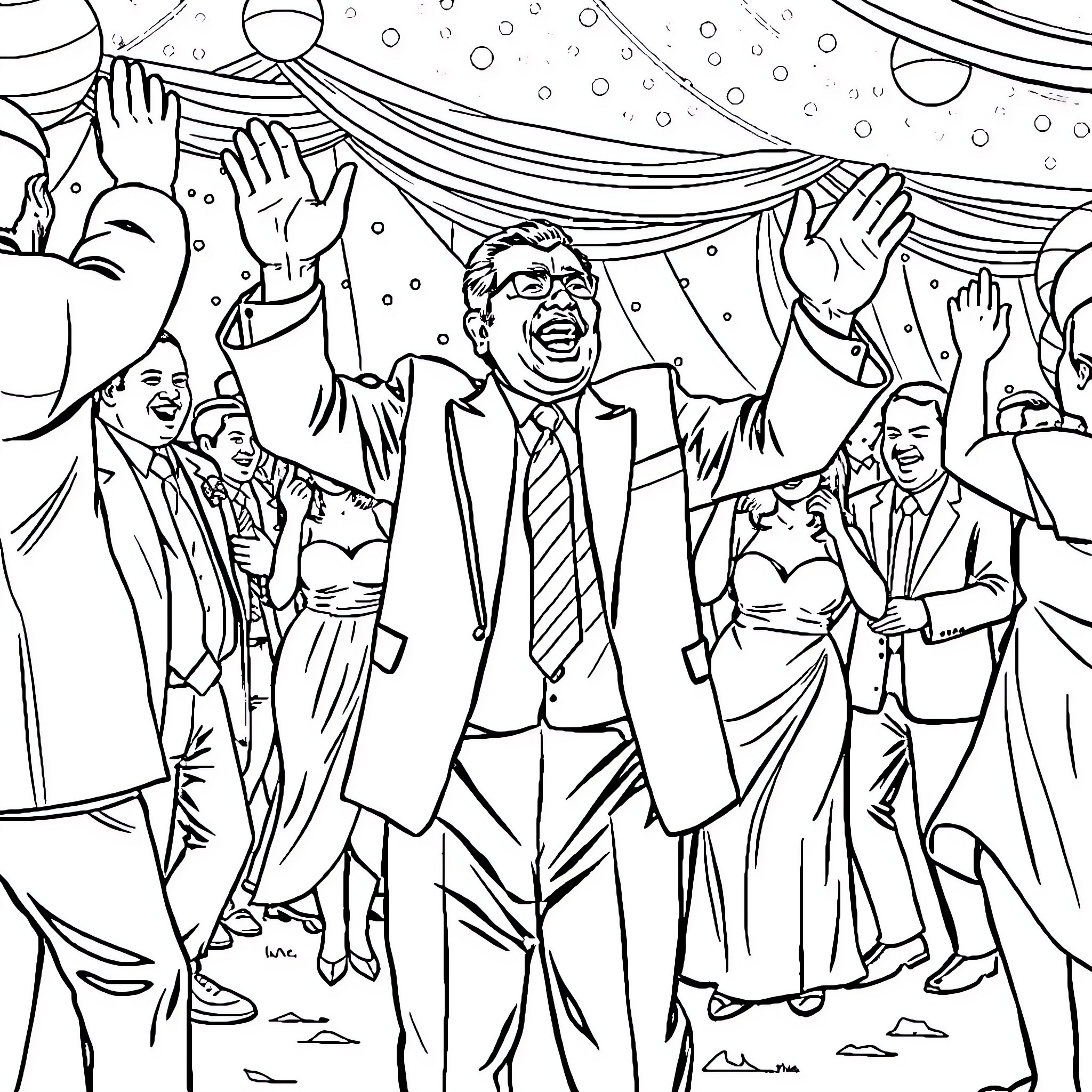 President celebrating with joyful supporters Coloring Page (free black-and-white line drawing printable PDF for all, from beginners to advanced learners, including children, teens, adults, and seniors)