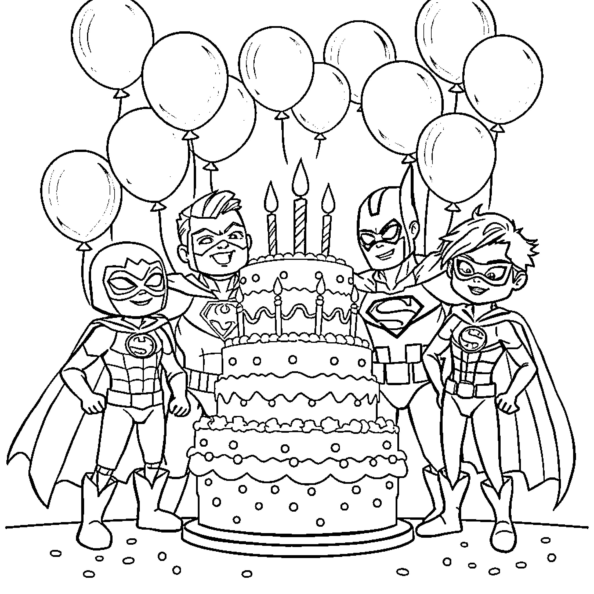 Superhero Birthday Celebration with Cake and Balloons Coloring Page (free black-and-white line drawing printable PDF for all, from beginners to advanced learners, including children, teens, adults, and seniors)
