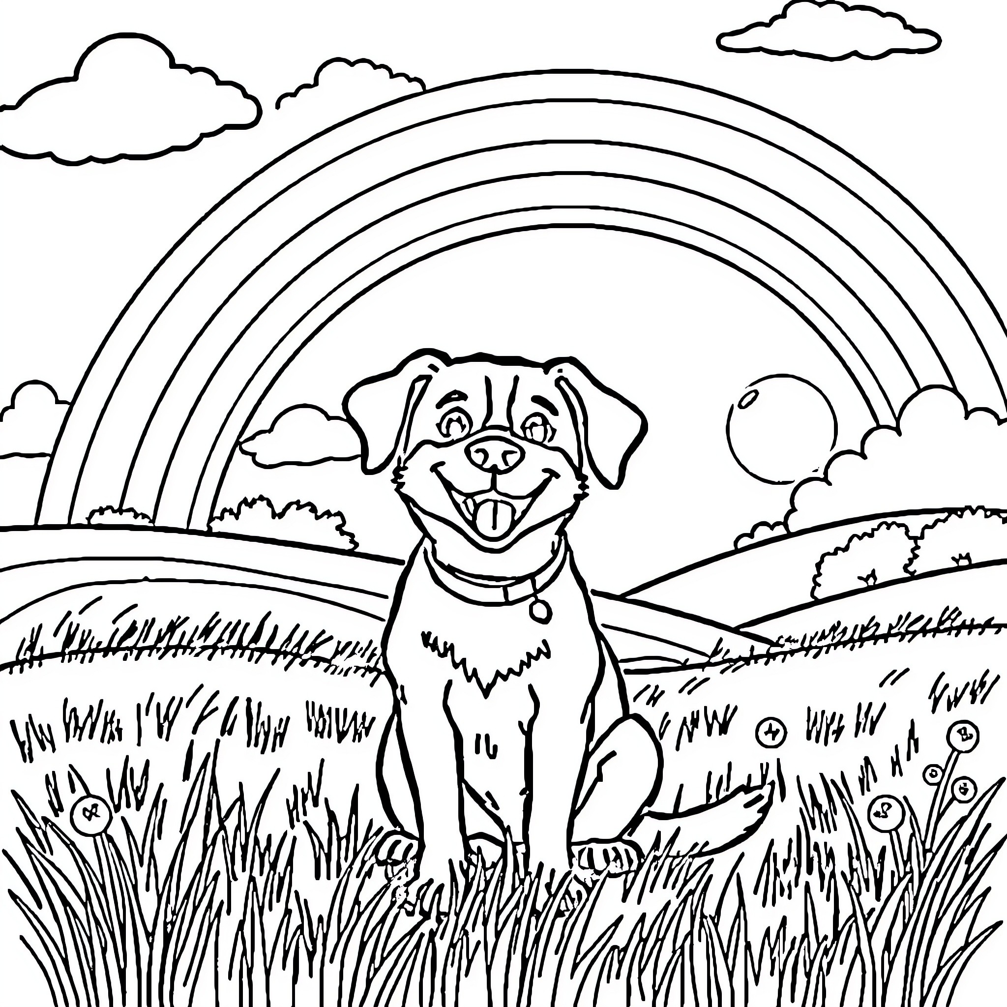 Dog enjoying a sunny day in the park Coloring Page (free black-and-white line drawing printable PDF for all, from beginners to advanced learners, including children, teens, adults, and seniors)