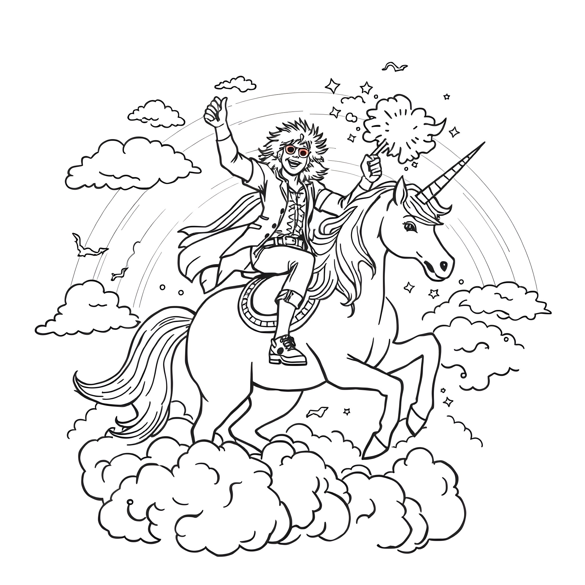 Unicorn Rider Celebrating in the Clouds Coloring Page (free black-and-white line drawing printable PDF for all, from beginners to advanced learners, including children, teens, adults, and seniors)