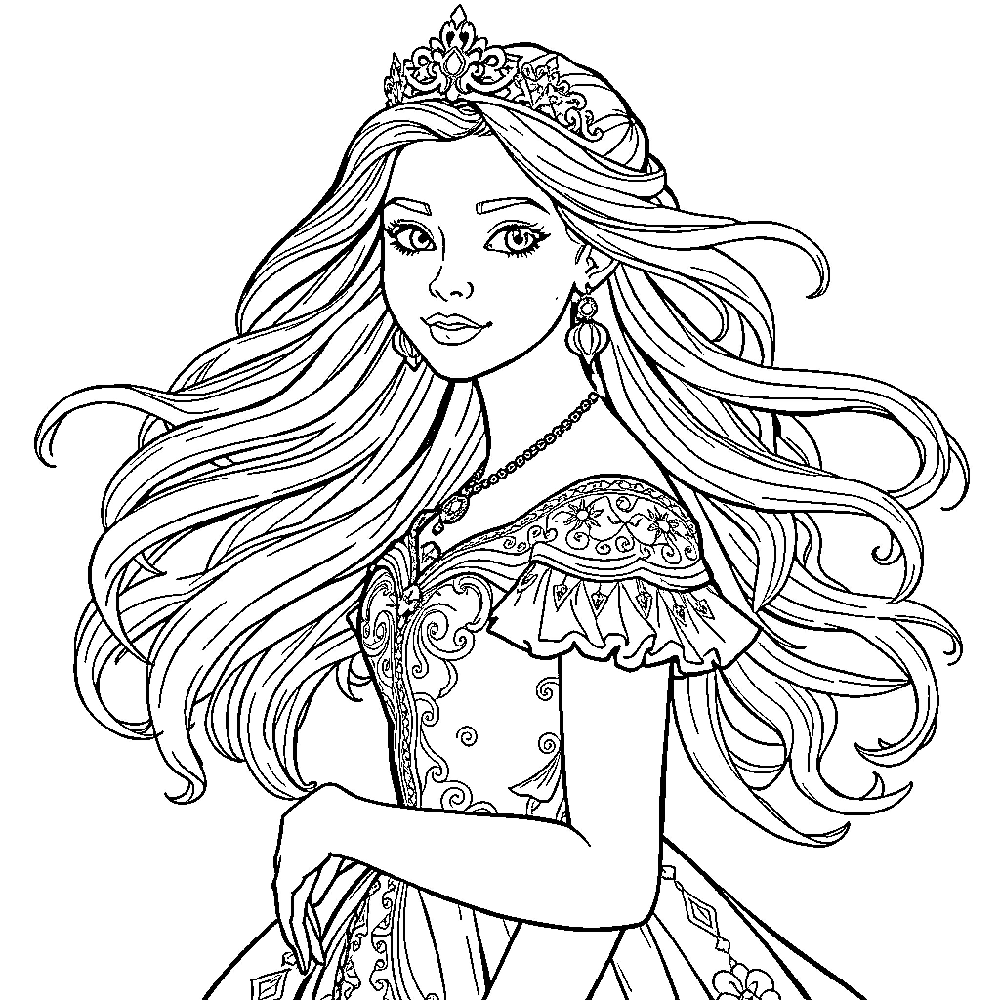 Europa - Elegant Princess in Ornate Dress and Crown Coloring Page (free black-and-white line drawing printable PDF for all, from beginners to advanced learners, including children, teens, adults, and seniors)