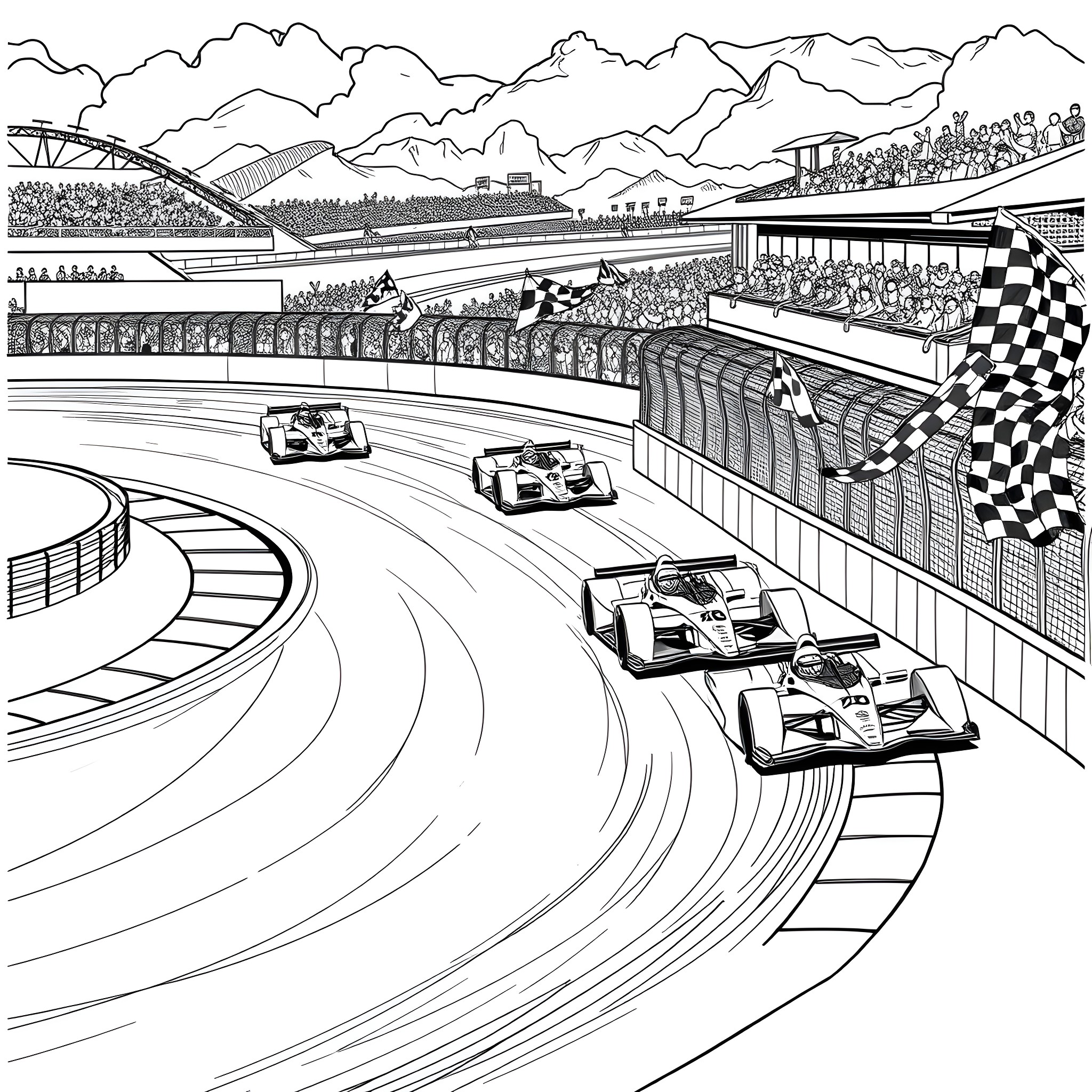 Hotwheels racers speed through the winding circuit Coloring Page (free black-and-white line drawing printable PDF for all, from beginners to advanced learners, including children, teens, adults, and seniors)