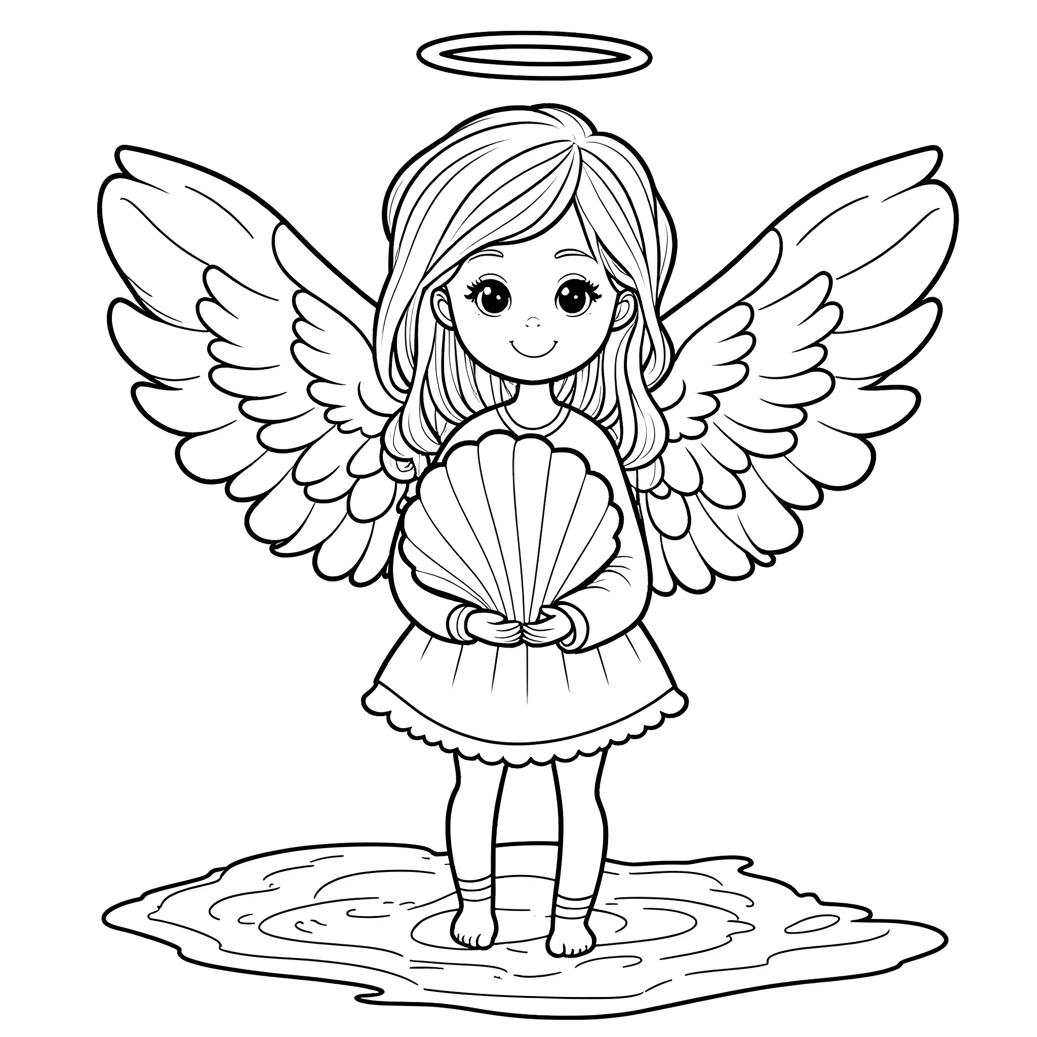 Angel holding a seashell in a tranquil scene Coloring Page (free black-and-white line drawing printable PDF for all, from beginners to advanced learners, including children, teens, adults, and seniors)