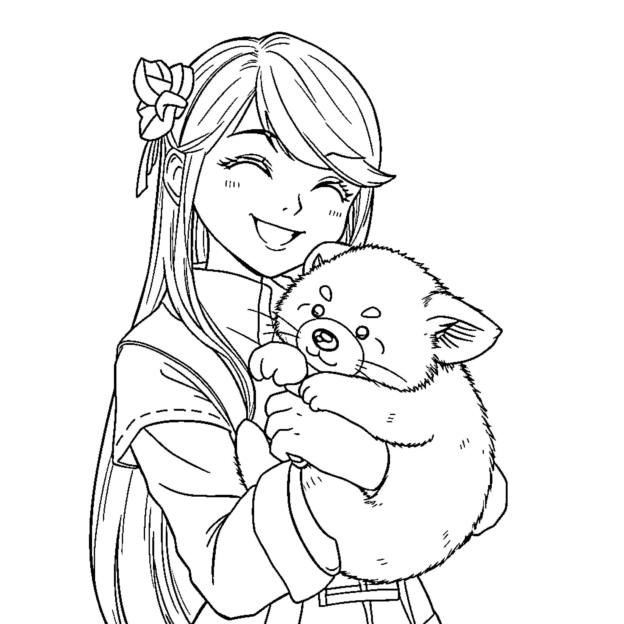 Rumi happily hugging a cute furry companion Coloring Page (free black-and-white line drawing printable PDF for all, from beginners to advanced learners, including children, teens, adults, and seniors)