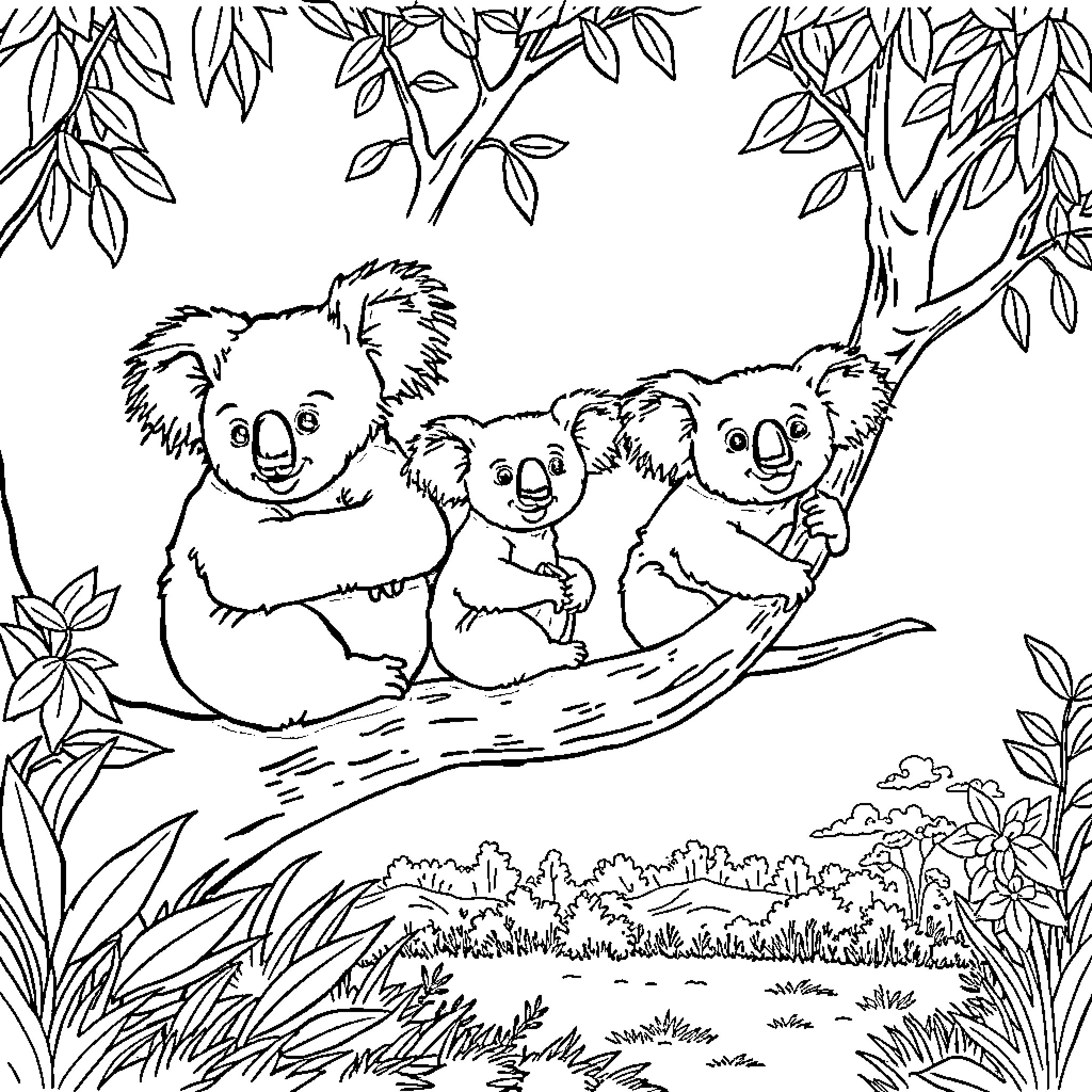 Koala family resting peacefully on a tree branch Coloring Page (free black-and-white line drawing printable PDF for all, from beginners to advanced learners, including children, teens, adults, and seniors)