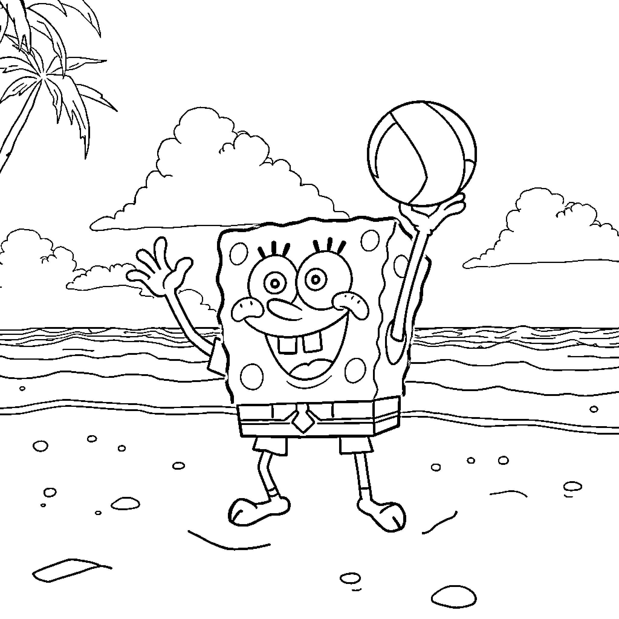 Spongebob playing happily on the beach Coloring Page (free black-and-white line drawing printable PDF for all, from beginners to advanced learners, including children, teens, adults, and seniors)
