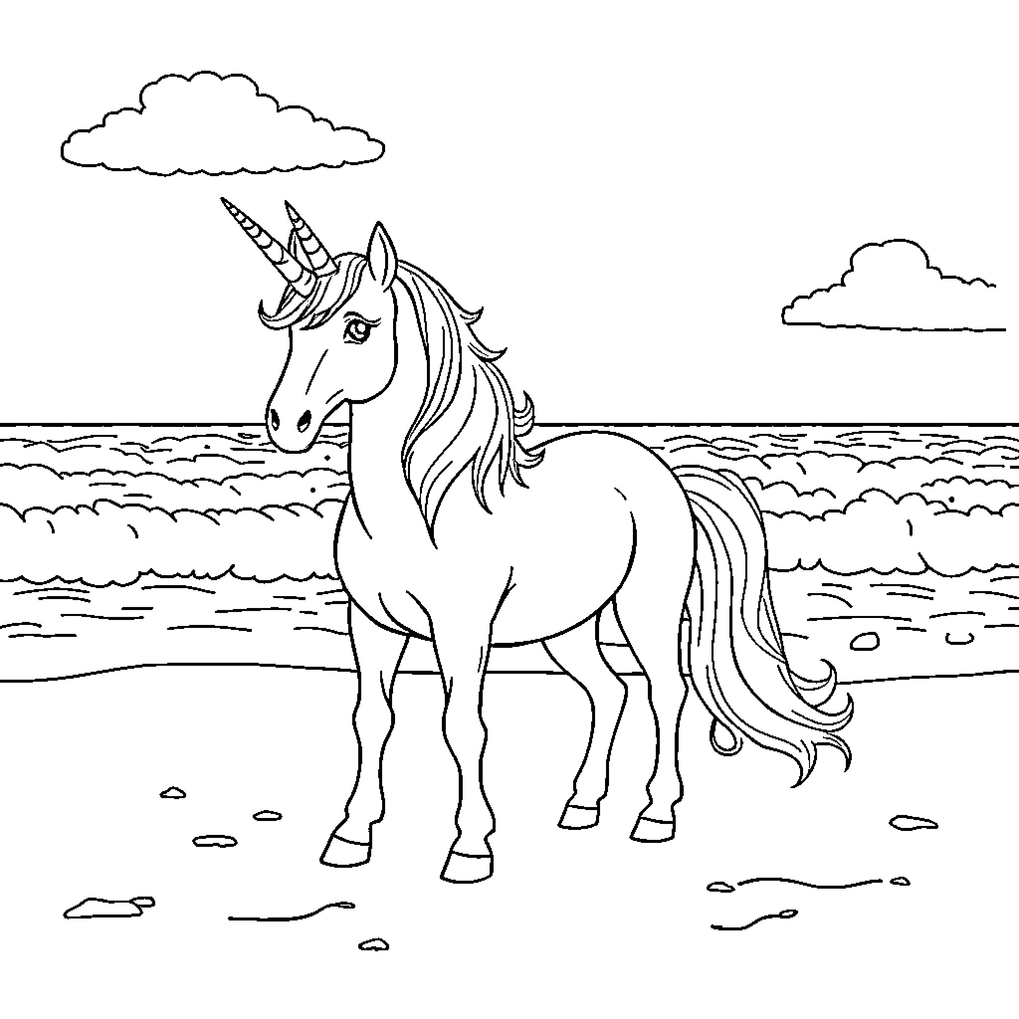 Unicorn Standing Majestically on the Beach Coloring Page (free black-and-white line drawing printable PDF for all, from beginners to advanced learners, including children, teens, adults, and seniors)