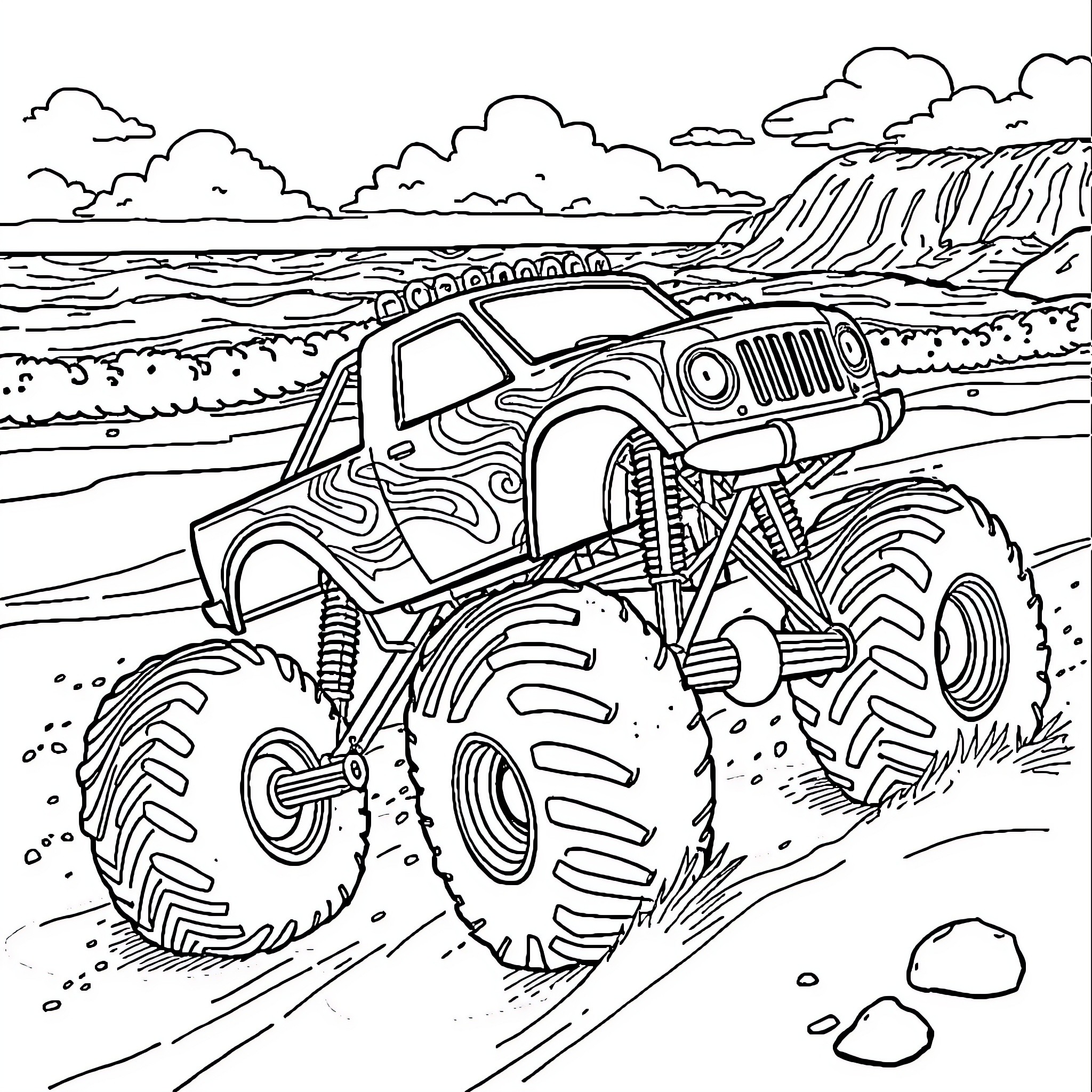 Monster Truck Conquering Rugged Terrain Coloring Page (free black-and-white line drawing printable PDF for all, from beginners to advanced learners, including children, teens, adults, and seniors)