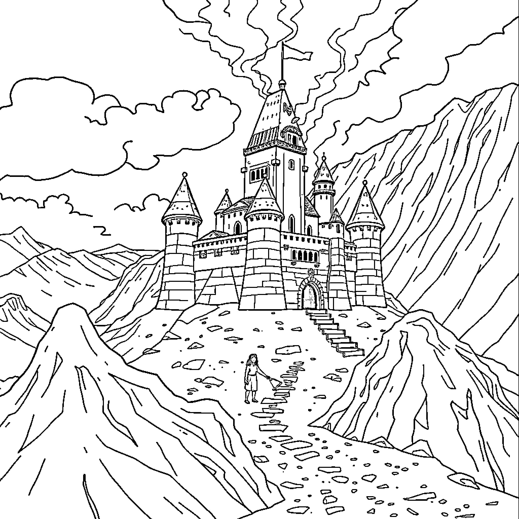 Femme exploring the enchanted castle amidst the mountains Coloring Page (free black-and-white line drawing printable PDF for all, from beginners to advanced learners, including children, teens, adults, and seniors)