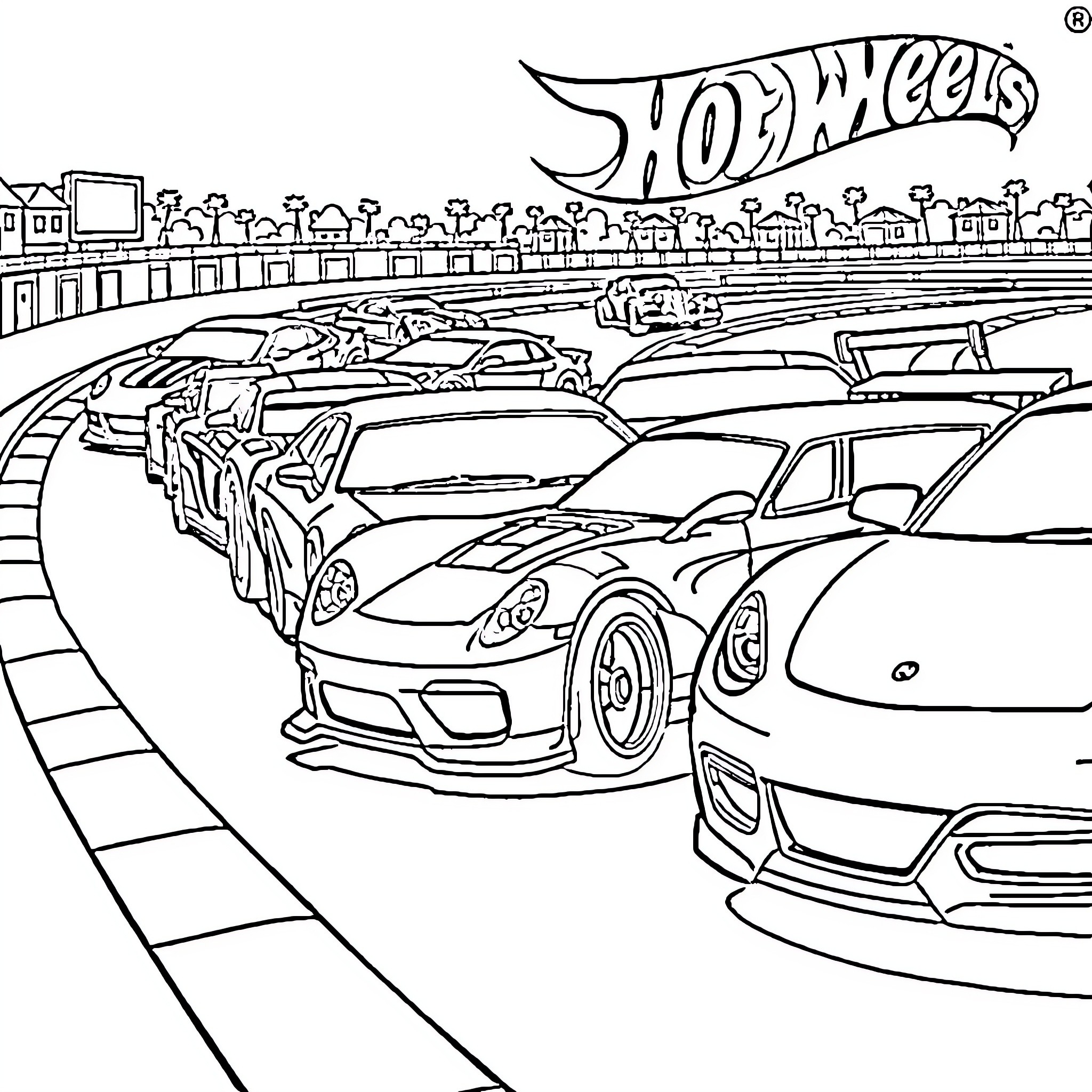 Hot Wheels high-speed racing cars on track Coloring Page (free black-and-white line drawing printable PDF for all, from beginners to advanced learners, including children, teens, adults, and seniors)