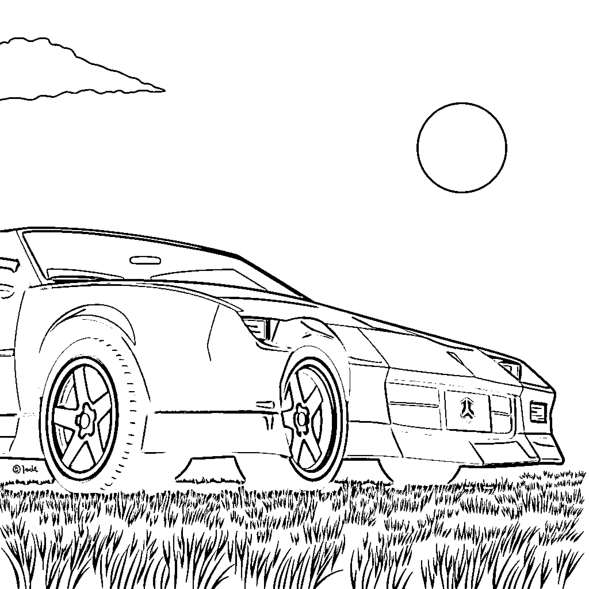 Camaro parked in grassy field under moonlight Coloring Page (free black-and-white line drawing printable PDF for all, from beginners to advanced learners, including children, teens, adults, and seniors)