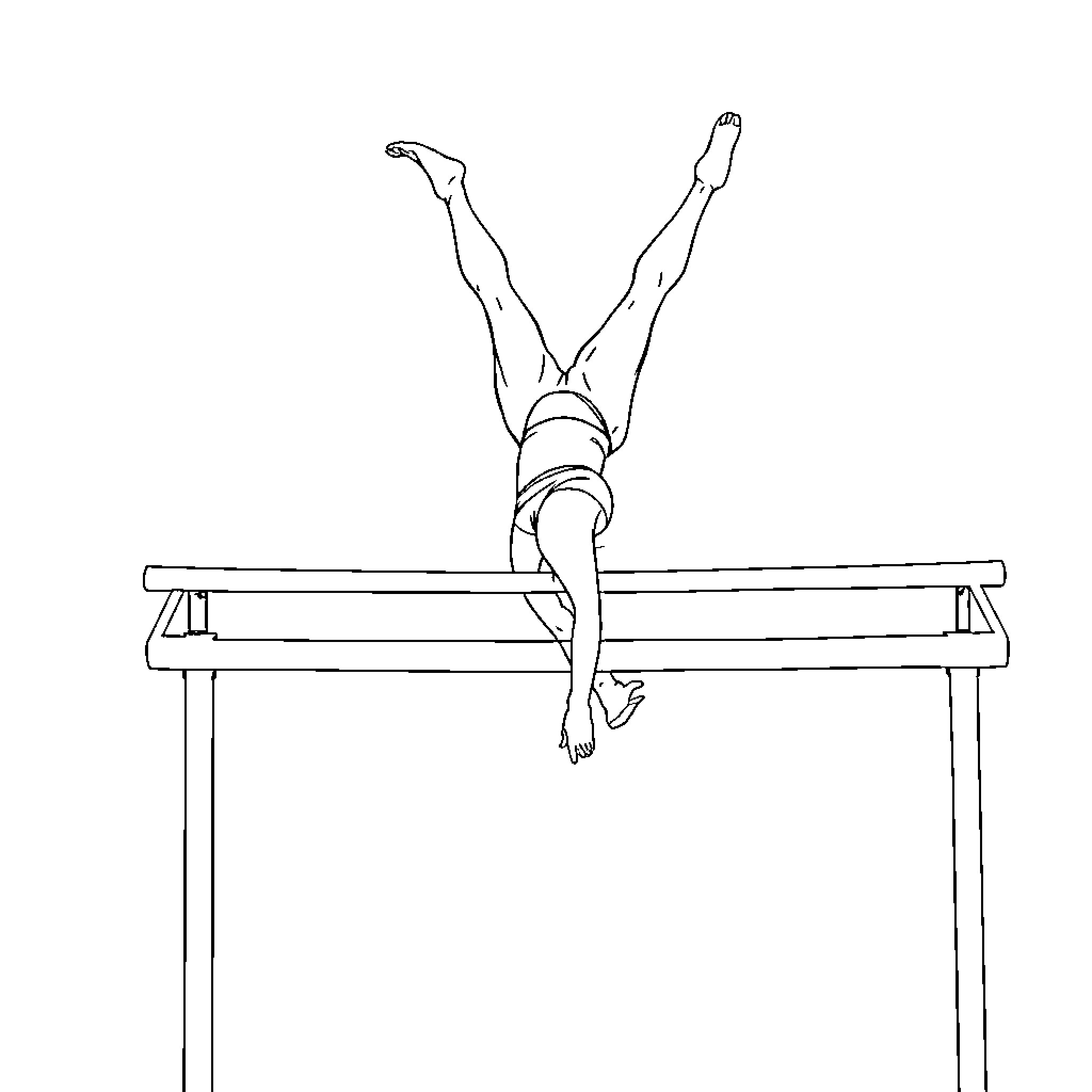 Gymnast performing handstand on balance beam Coloring Page (free black-and-white line drawing printable PDF for all, from beginners to advanced learners, including children, teens, adults, and seniors)